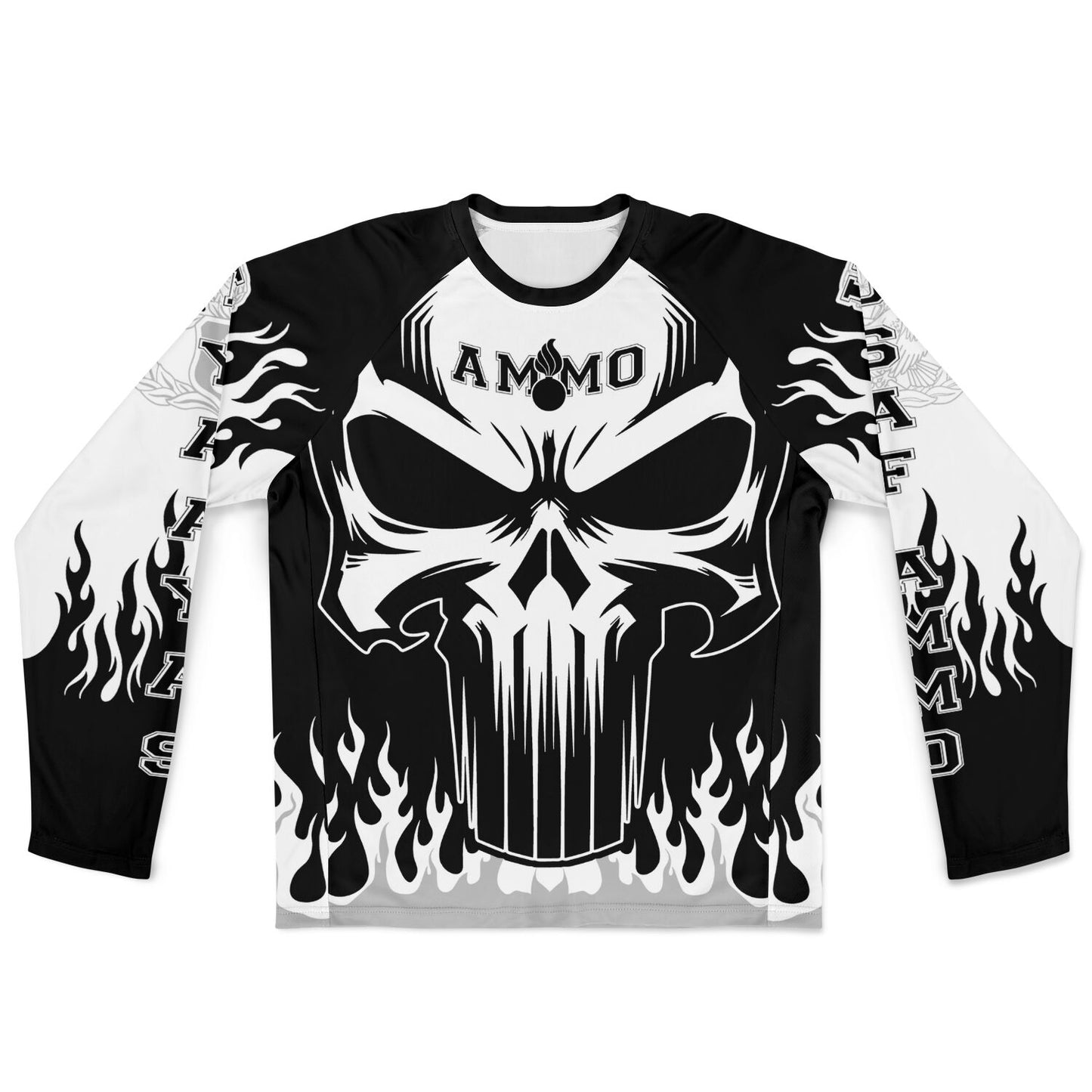 AMMO Skull Flames Black White Grey Men's Long Sleeve Performance Shirt - All Over Print
