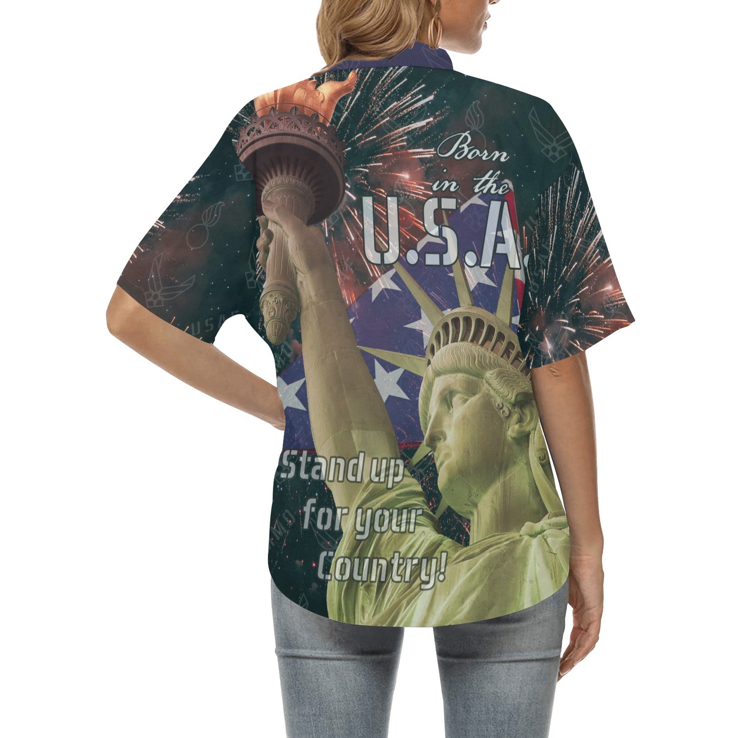 USAF AMMO Pisspots AF Vector logos Statue of Liberty Fireworks Patriotic Womens Hawaiian Shirt