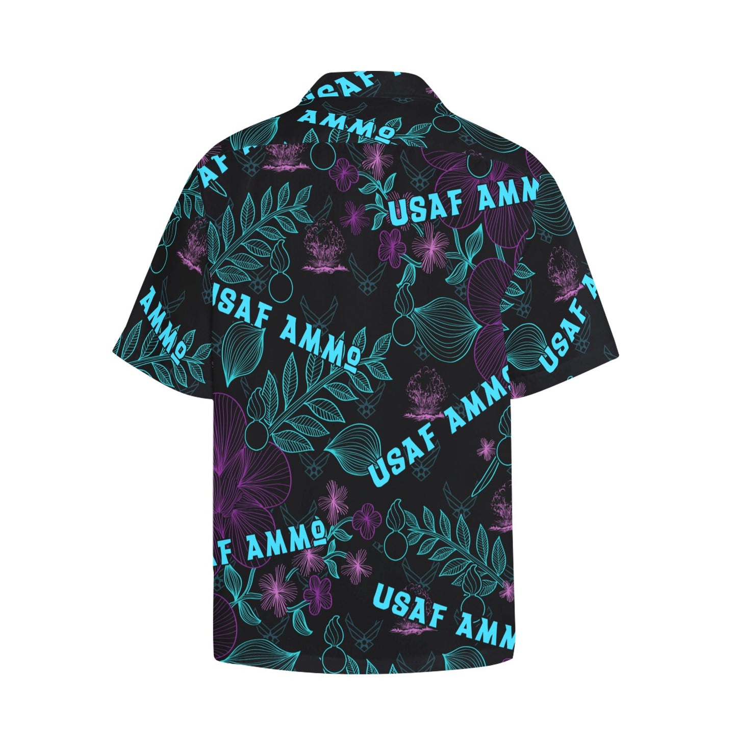 AMMO Black Neon Green Blue and Purple Pattern Mens Left Chest Pocket Hawaiian Shirt