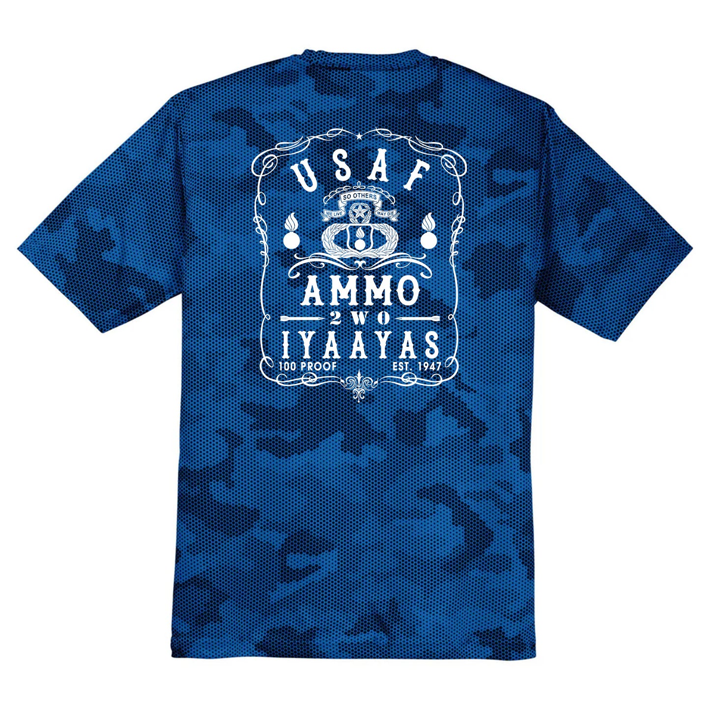 USAF AMMO 2W0 Jack Daniels Style Logo IYAAYAS CamoHex Tee