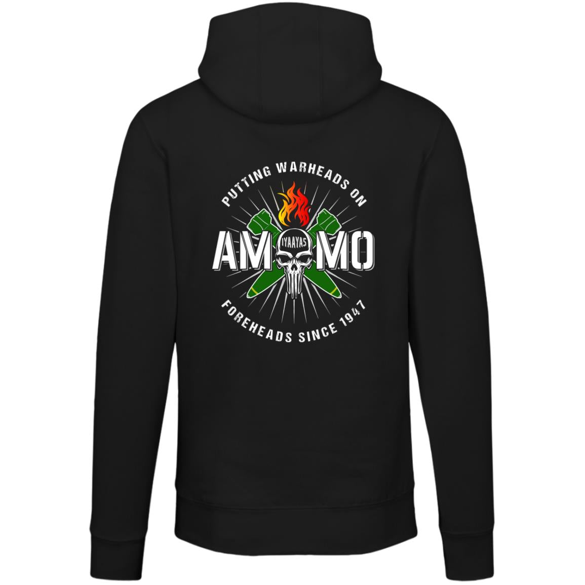 AMMO Skull Flaming Pisspot Crossed MK-84s IYAAYAS Putting Warheads On Foreheads Munitions Heritage LS14001 Lane Seven Unisex Premium Hoodie