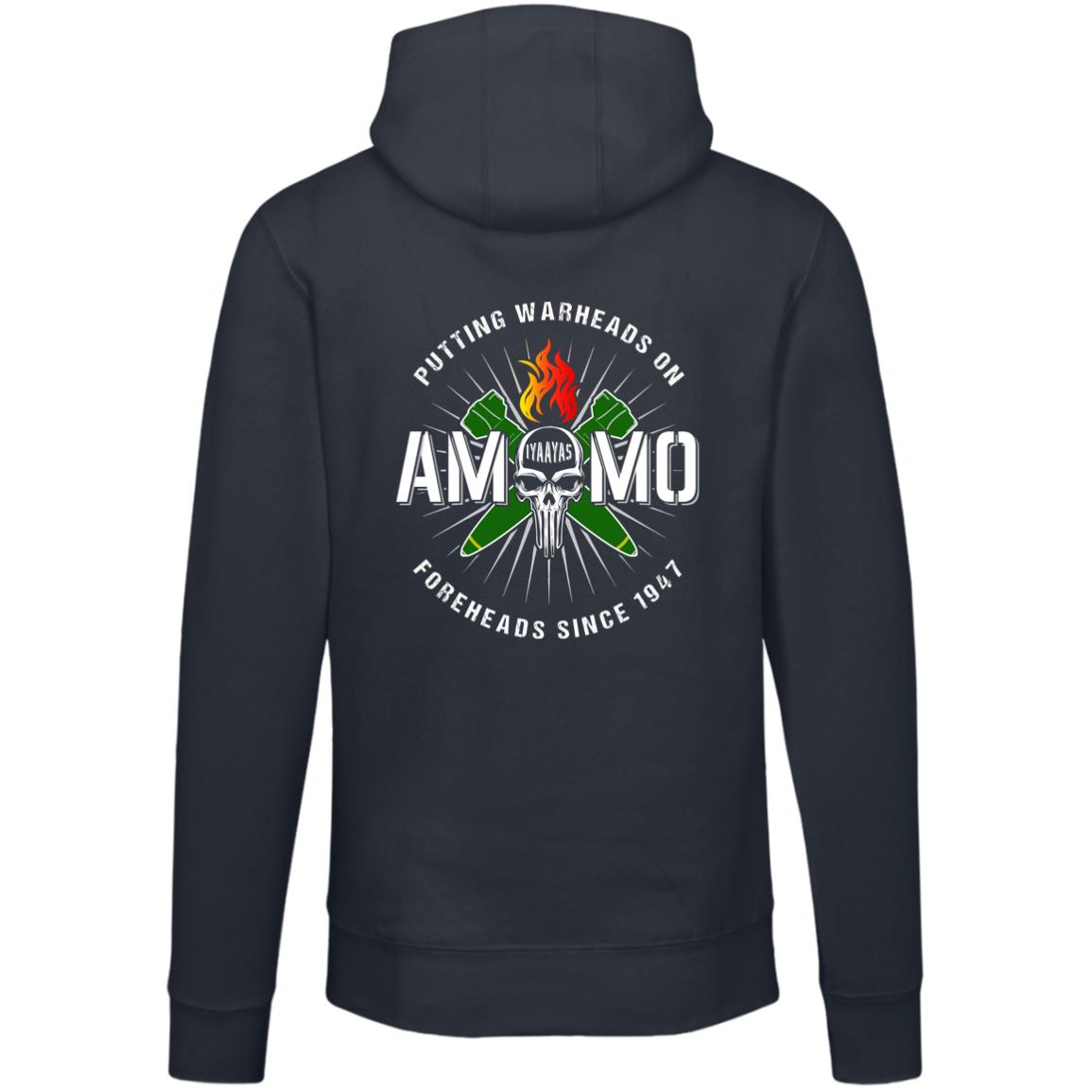 AMMO Skull Flaming Pisspot Crossed MK-84s IYAAYAS Putting Warheads On Foreheads Munitions Heritage LS14001 Lane Seven Unisex Premium Hoodie