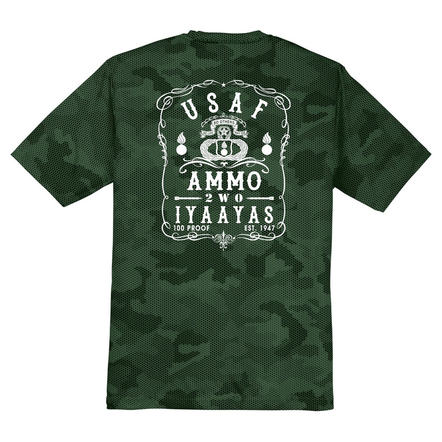 USAF AMMO 2W0 Jack Daniels Style Logo IYAAYAS CamoHex Tee