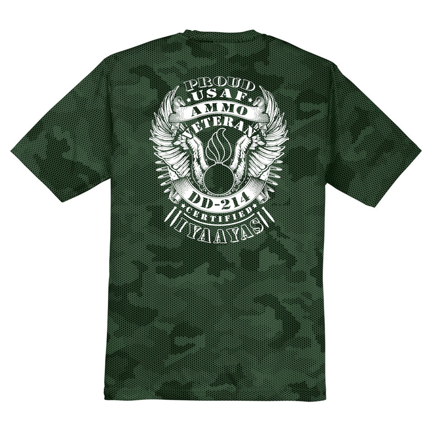 USAF AMMO Proud Veteran DD-214 Certified IYAAYAS Pisspot Eagle Wings Bomb Silhouette CamoHex Tee