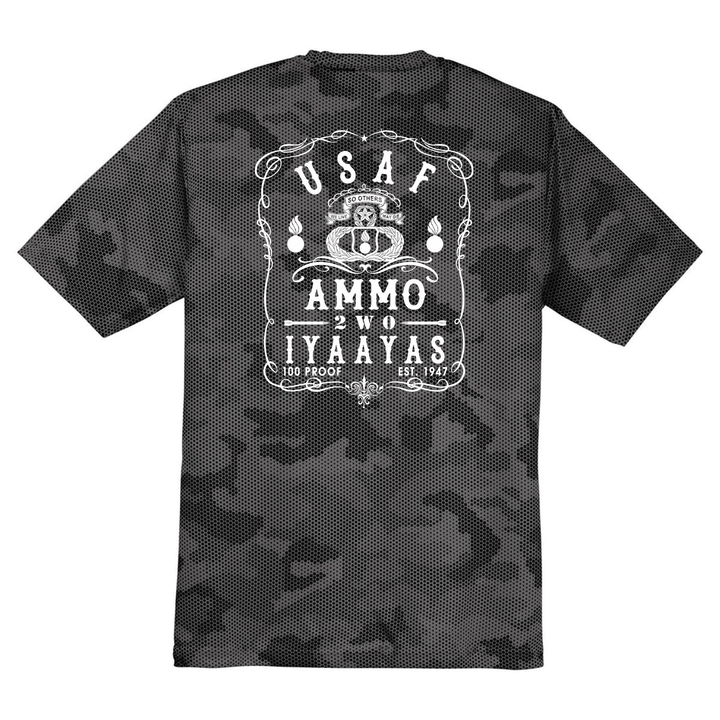 USAF AMMO 2W0 Jack Daniels Style Logo IYAAYAS CamoHex Tee