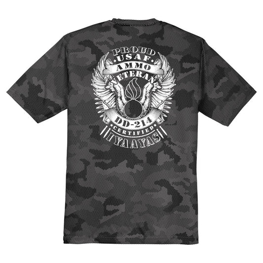 USAF AMMO Proud Veteran DD-214 Certified IYAAYAS Pisspot Eagle Wings Bomb Silhouette CamoHex Tee