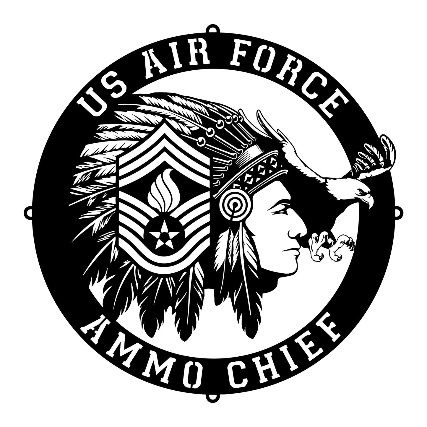 USAF AMMO Chief (Male Silhouette) Headdress Stripes Pisspot Eagle Die Cut Revised Hanging Metal Wall Sign