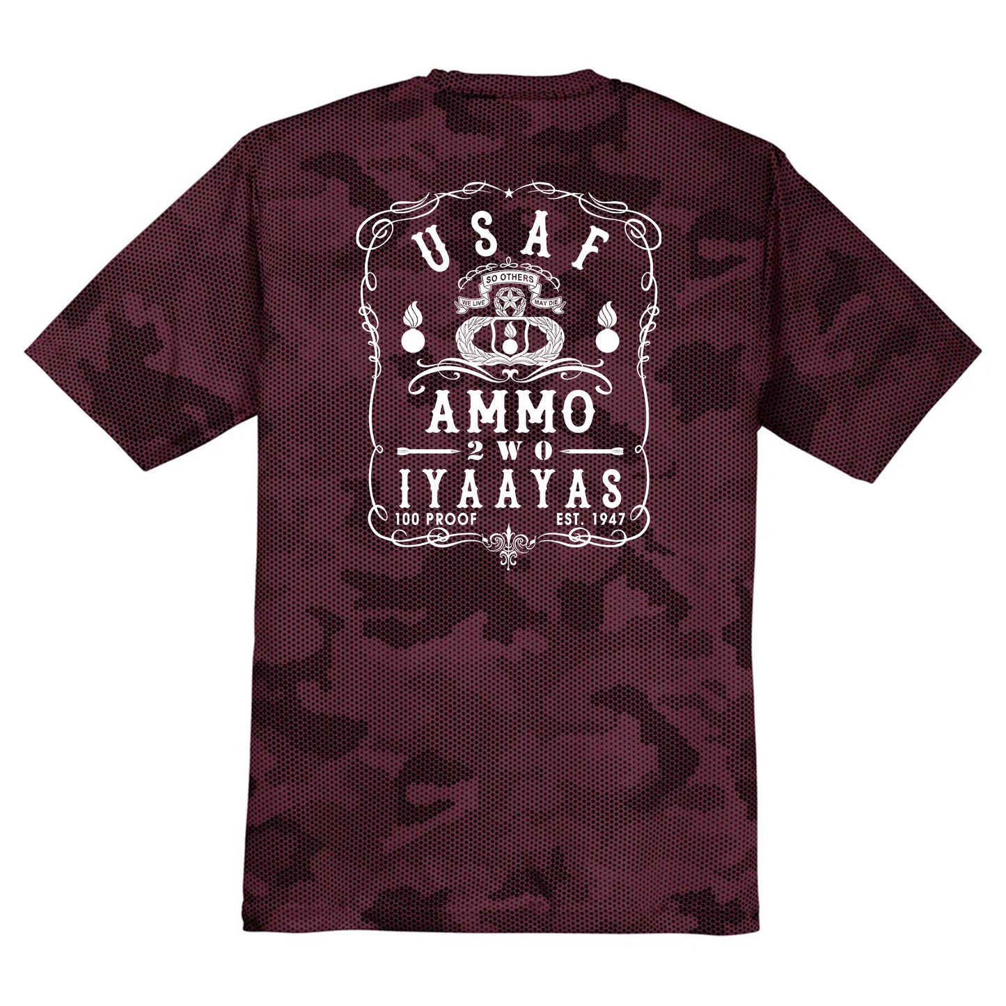 USAF AMMO 2W0 Jack Daniels Style Logo IYAAYAS CamoHex Tee