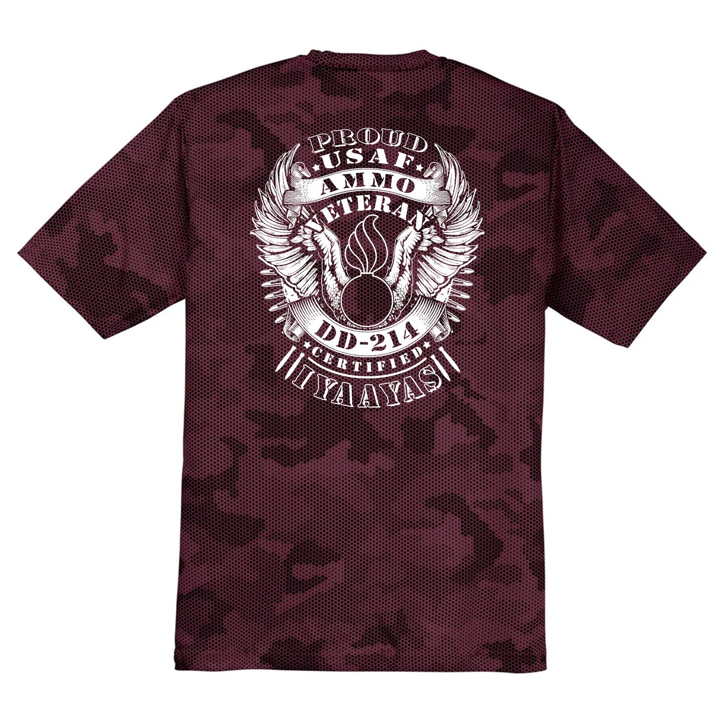 USAF AMMO Proud Veteran DD-214 Certified IYAAYAS Pisspot Eagle Wings Bomb Silhouette CamoHex Tee