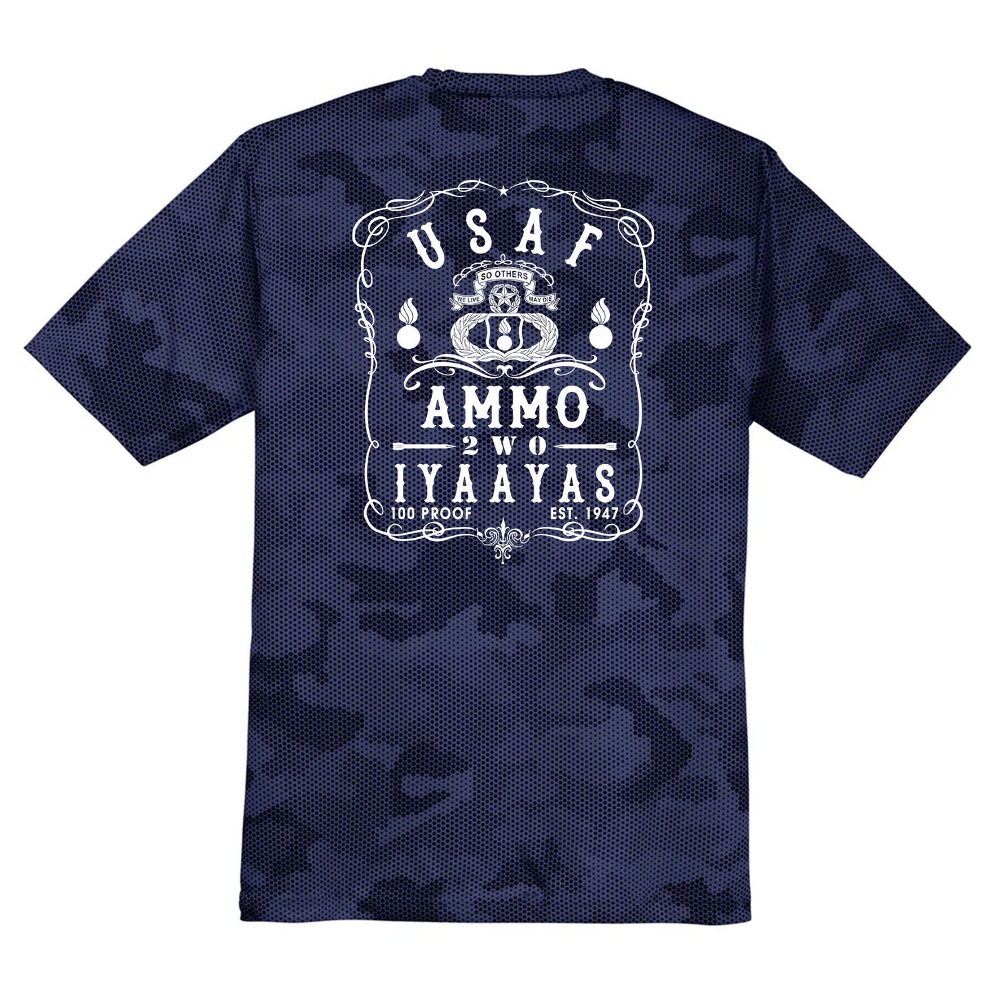USAF AMMO 2W0 Jack Daniels Style Logo IYAAYAS CamoHex Tee