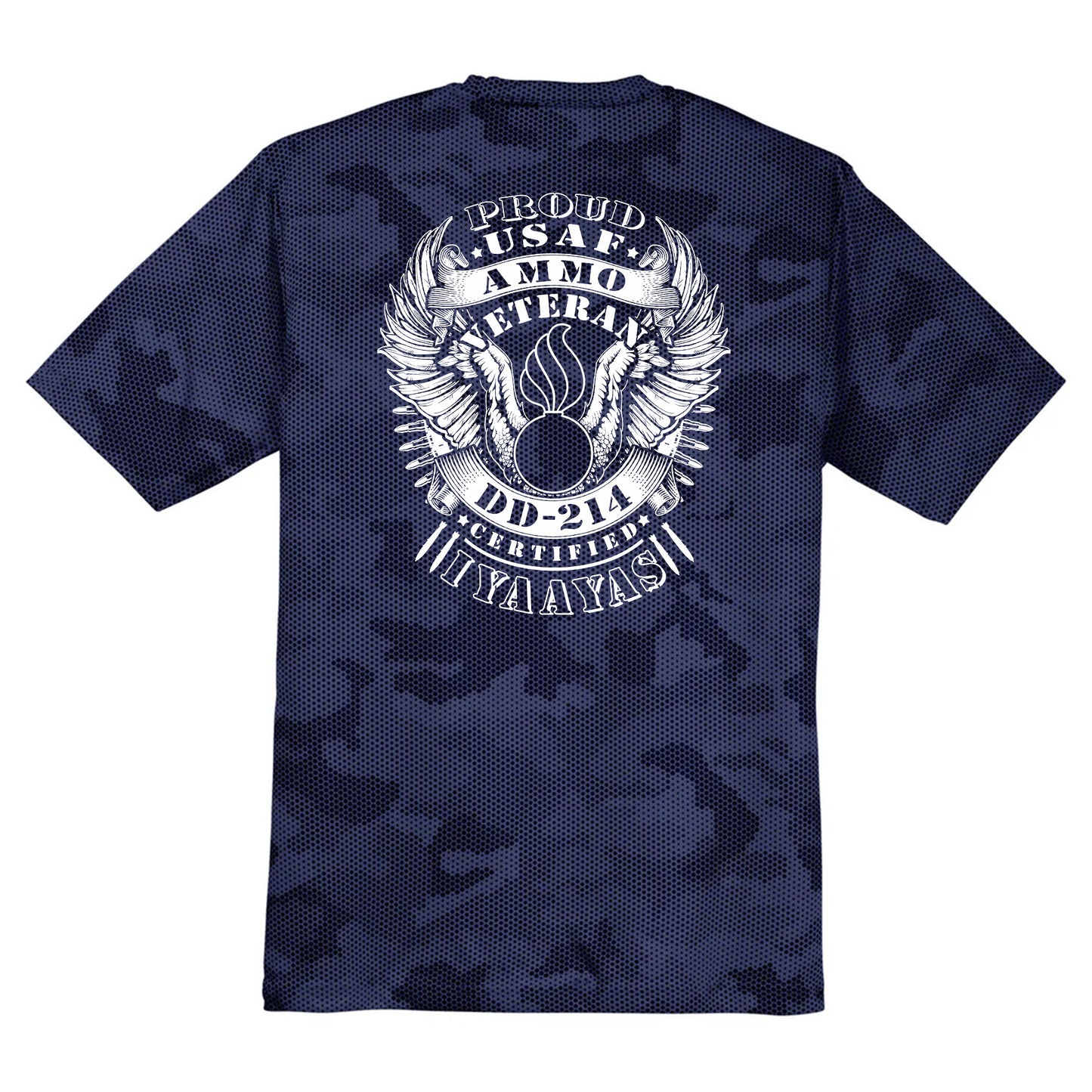 USAF AMMO Proud Veteran DD-214 Certified IYAAYAS Pisspot Eagle Wings Bomb Silhouette CamoHex Tee