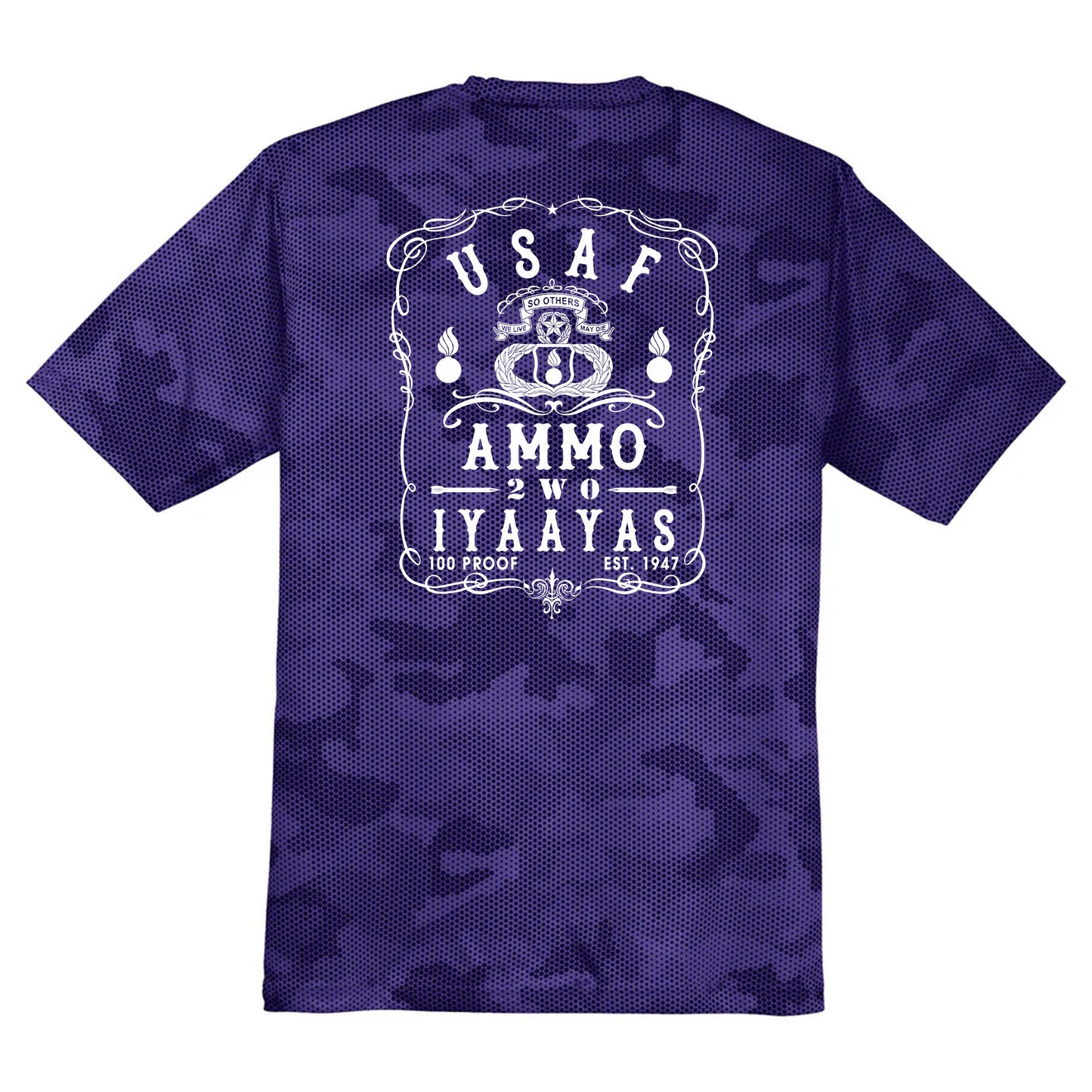 USAF AMMO 2W0 Jack Daniels Style Logo IYAAYAS CamoHex Tee