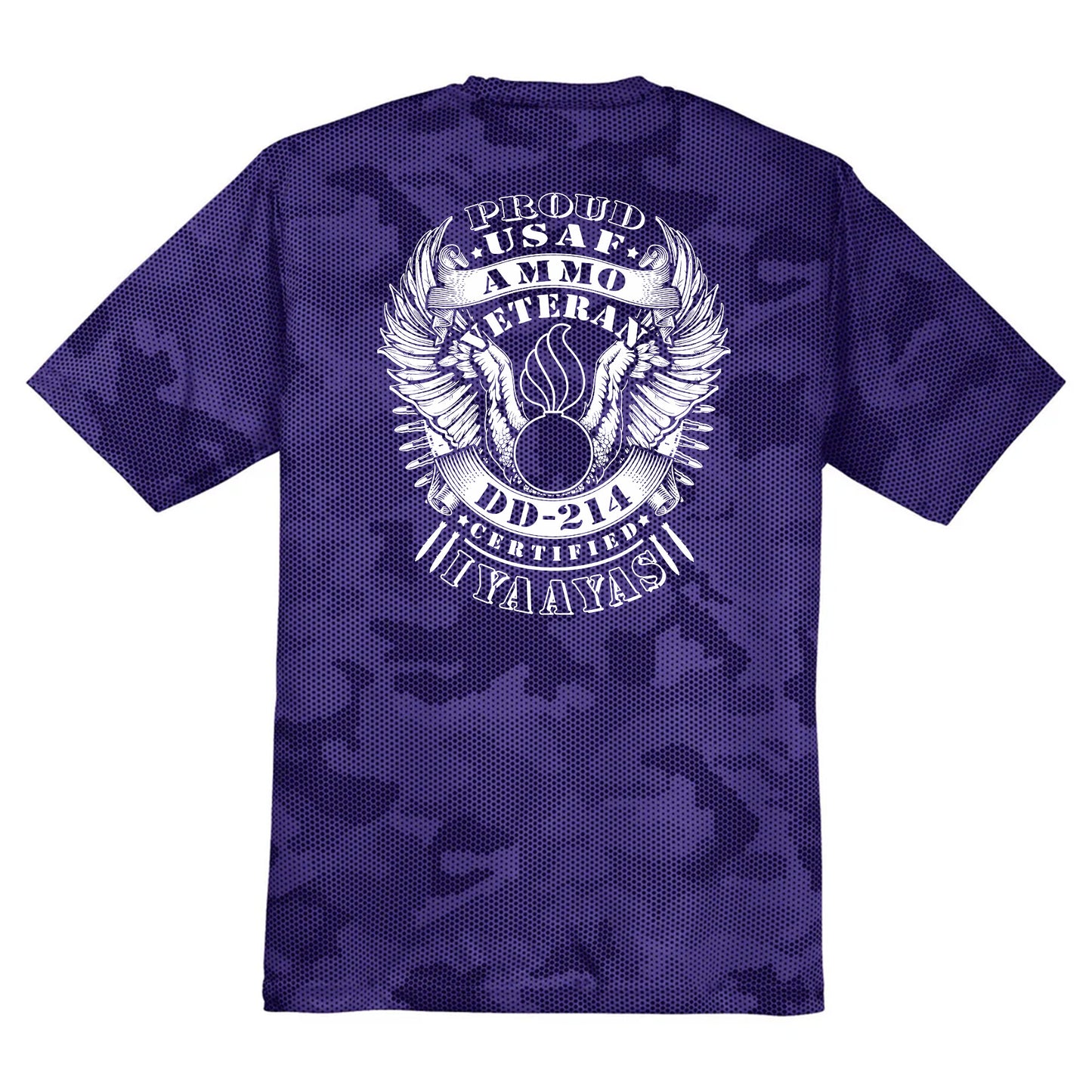 USAF AMMO Proud Veteran DD-214 Certified IYAAYAS Pisspot Eagle Wings Bomb Silhouette CamoHex Tee