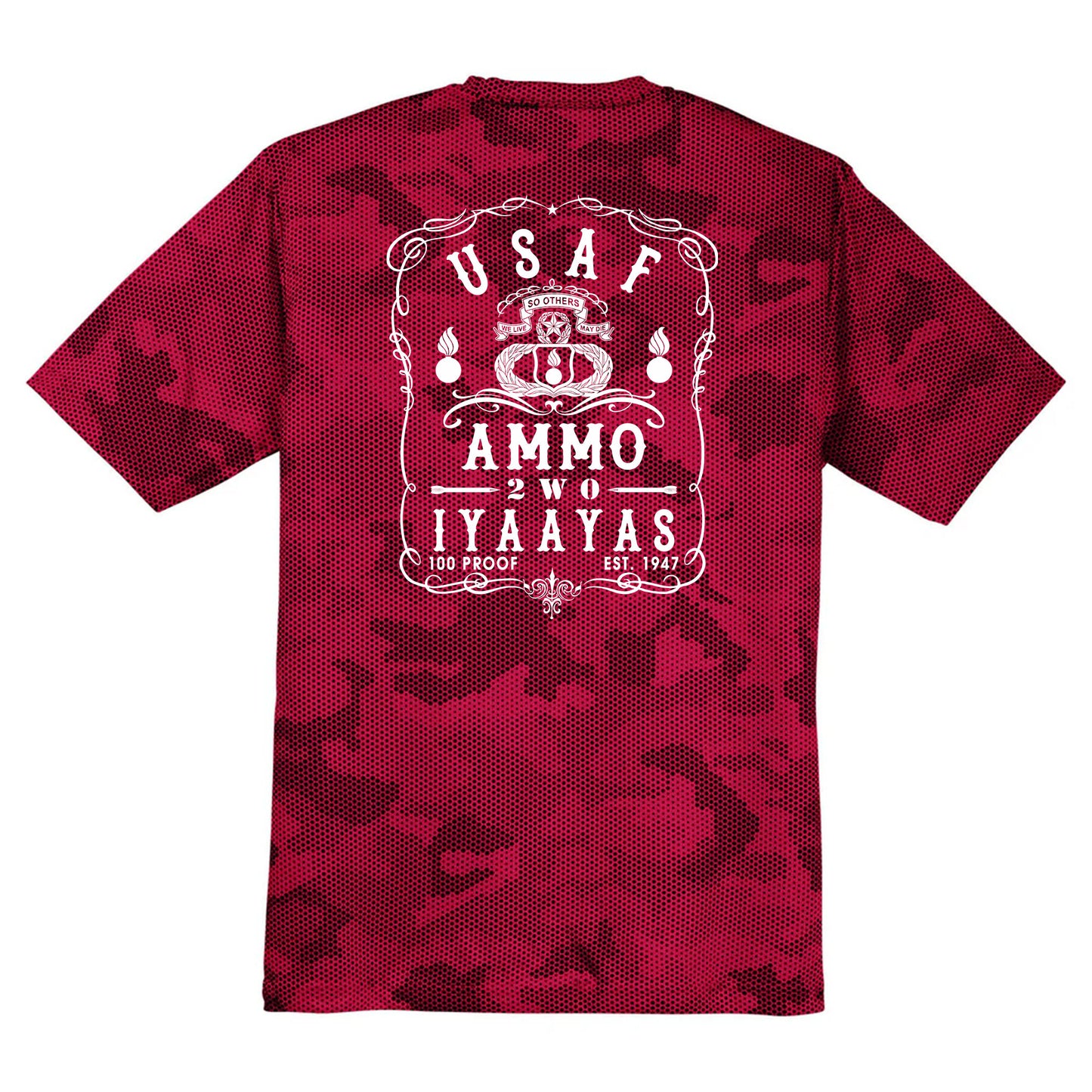 USAF AMMO 2W0 Jack Daniels Style Logo IYAAYAS CamoHex Tee