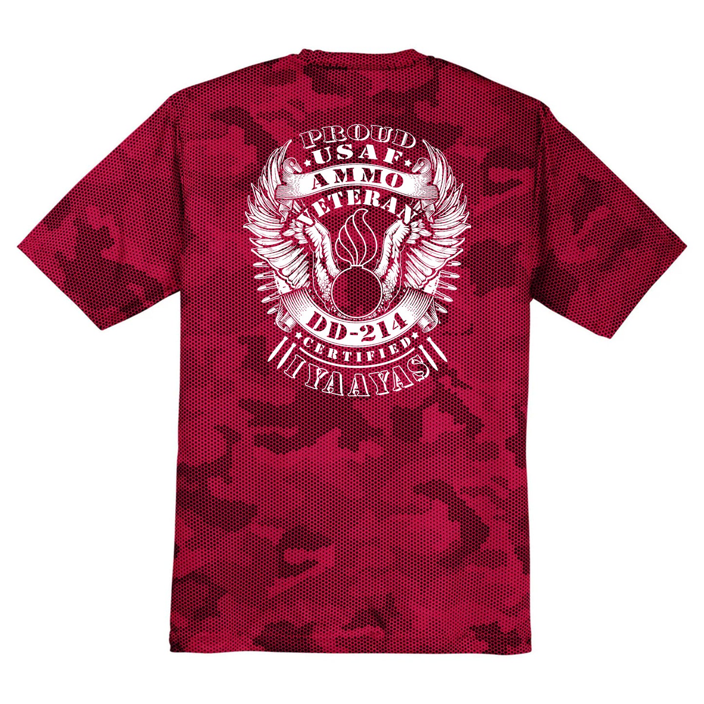 USAF AMMO Proud Veteran DD-214 Certified IYAAYAS Pisspot Eagle Wings Bomb Silhouette CamoHex Tee