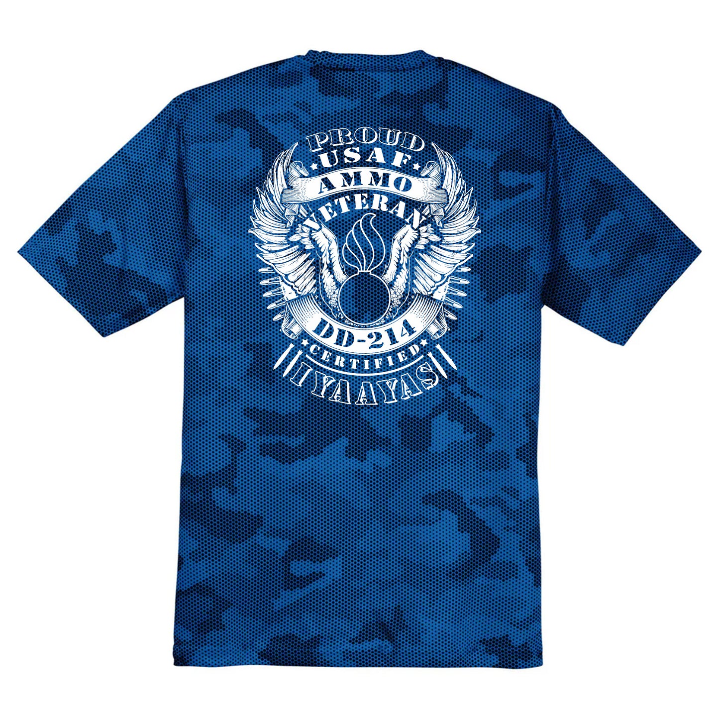 USAF AMMO Proud Veteran DD-214 Certified IYAAYAS Pisspot Eagle Wings Bomb Silhouette CamoHex Tee