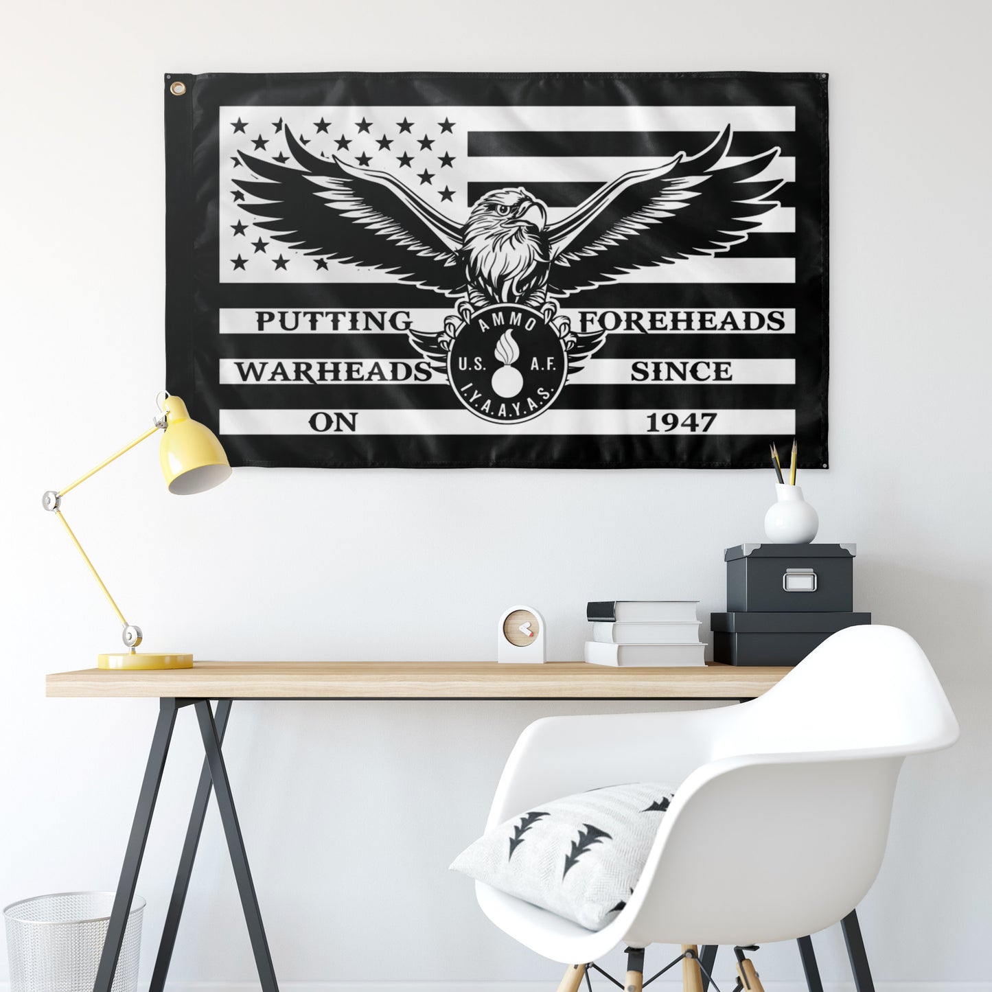 USAF AMMO American Flag Eagle AMMO Coin Putting Warheads On Foreheads Since 1947 5' X 3' Wall Flag