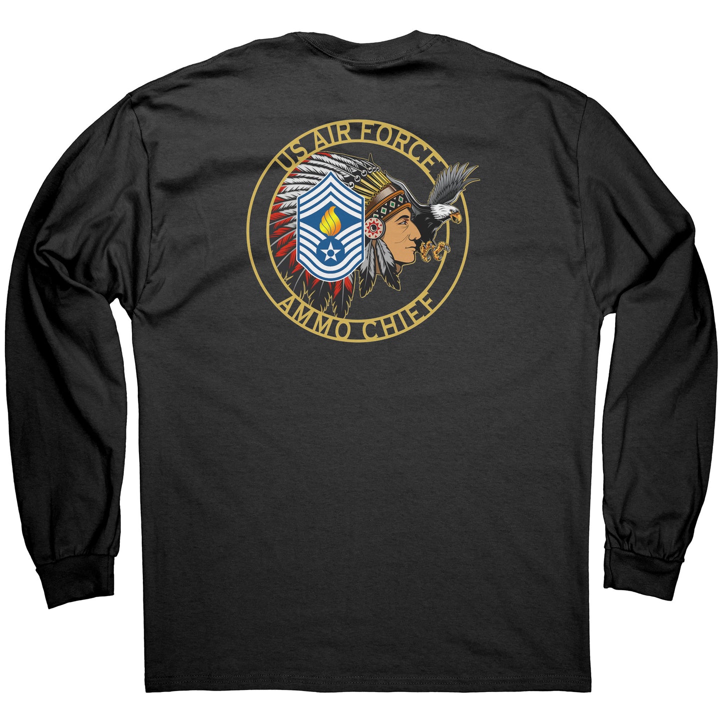 USAF AMMO Chief Native American Indian Full Headdress Stripes Pisspot Flames Eagle Mens Long Sleeve Shirt
