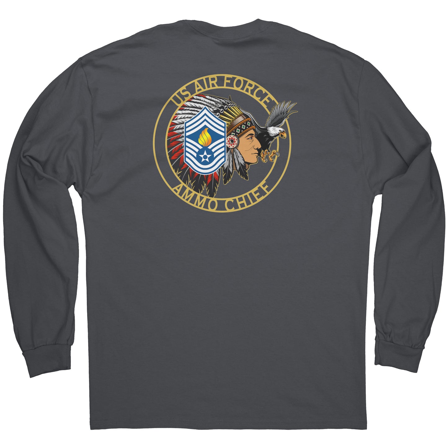 USAF AMMO Chief Native American Indian Full Headdress Stripes Pisspot Flames Eagle Mens Long Sleeve Shirt