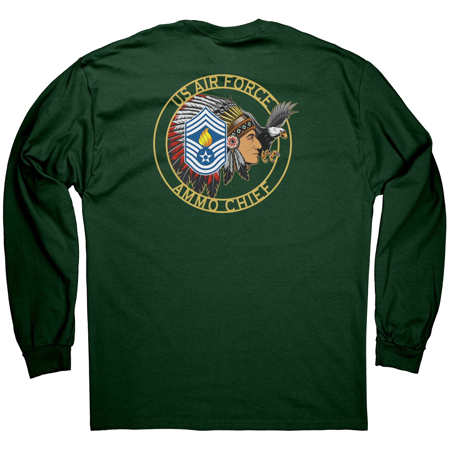 USAF AMMO Chief Native American Indian Full Headdress Stripes Pisspot Flames Eagle Mens Long Sleeve Shirt
