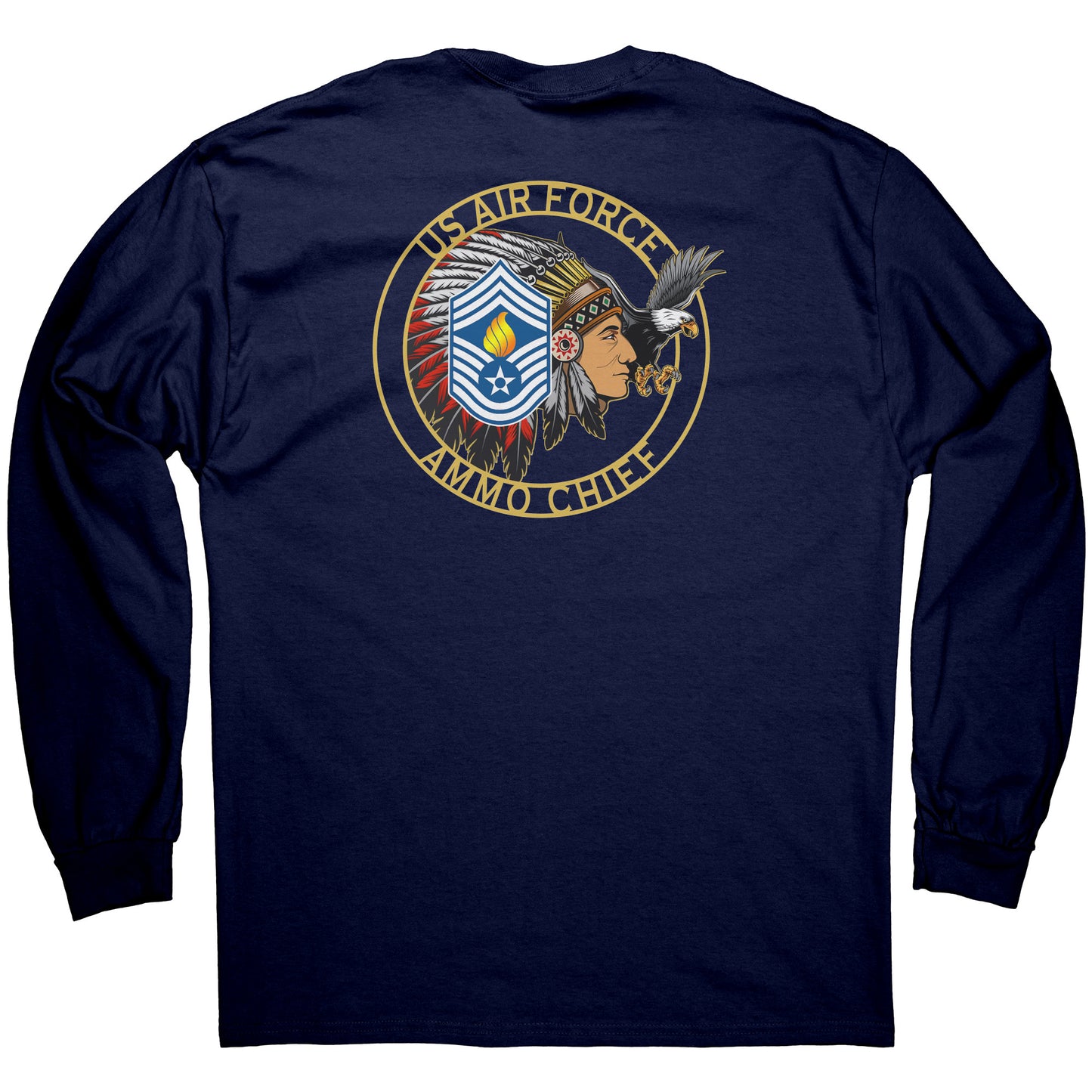 USAF AMMO Chief Native American Indian Full Headdress Stripes Pisspot Flames Eagle Mens Long Sleeve Shirt