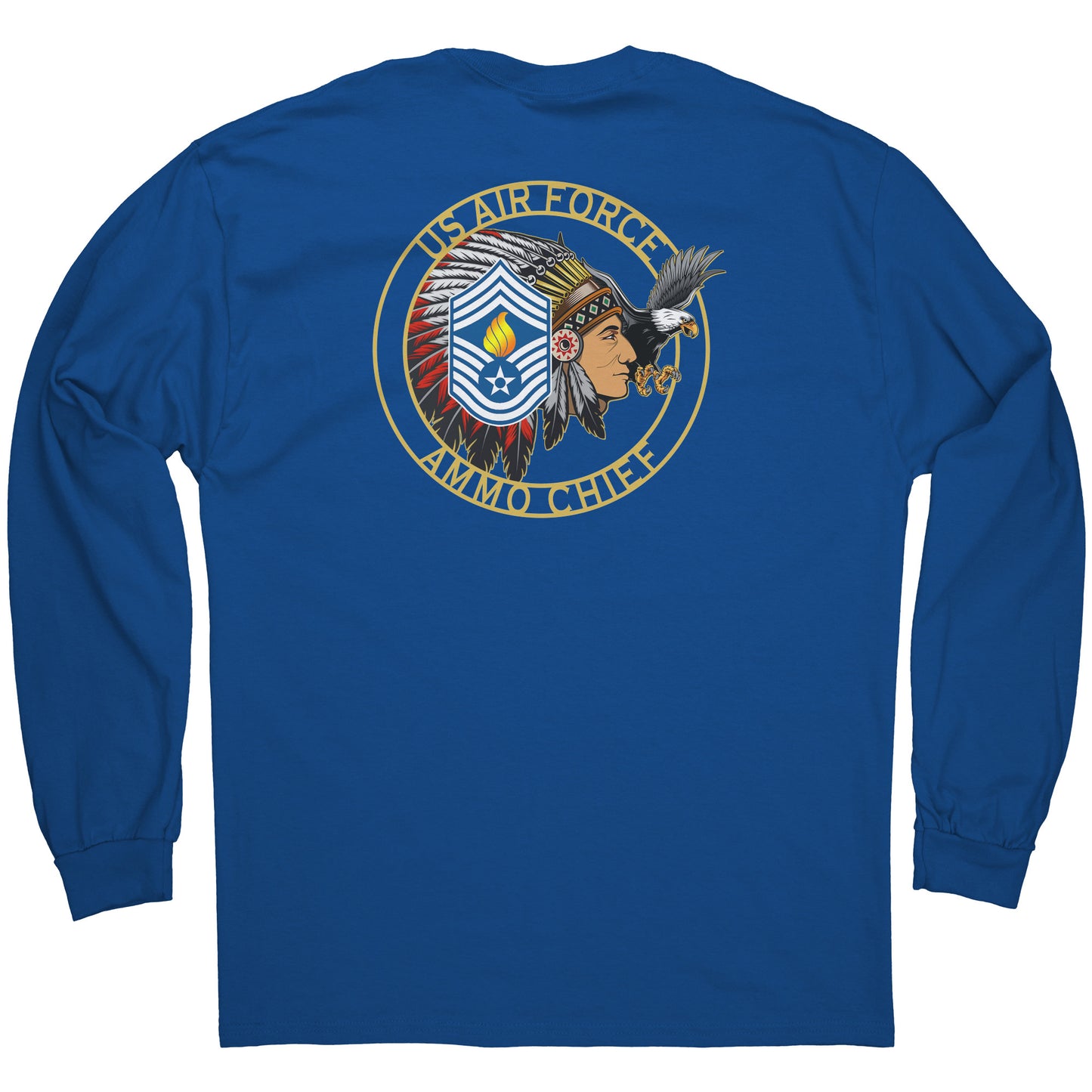 USAF AMMO Chief Native American Indian Full Headdress Stripes Pisspot Flames Eagle Mens Long Sleeve Shirt