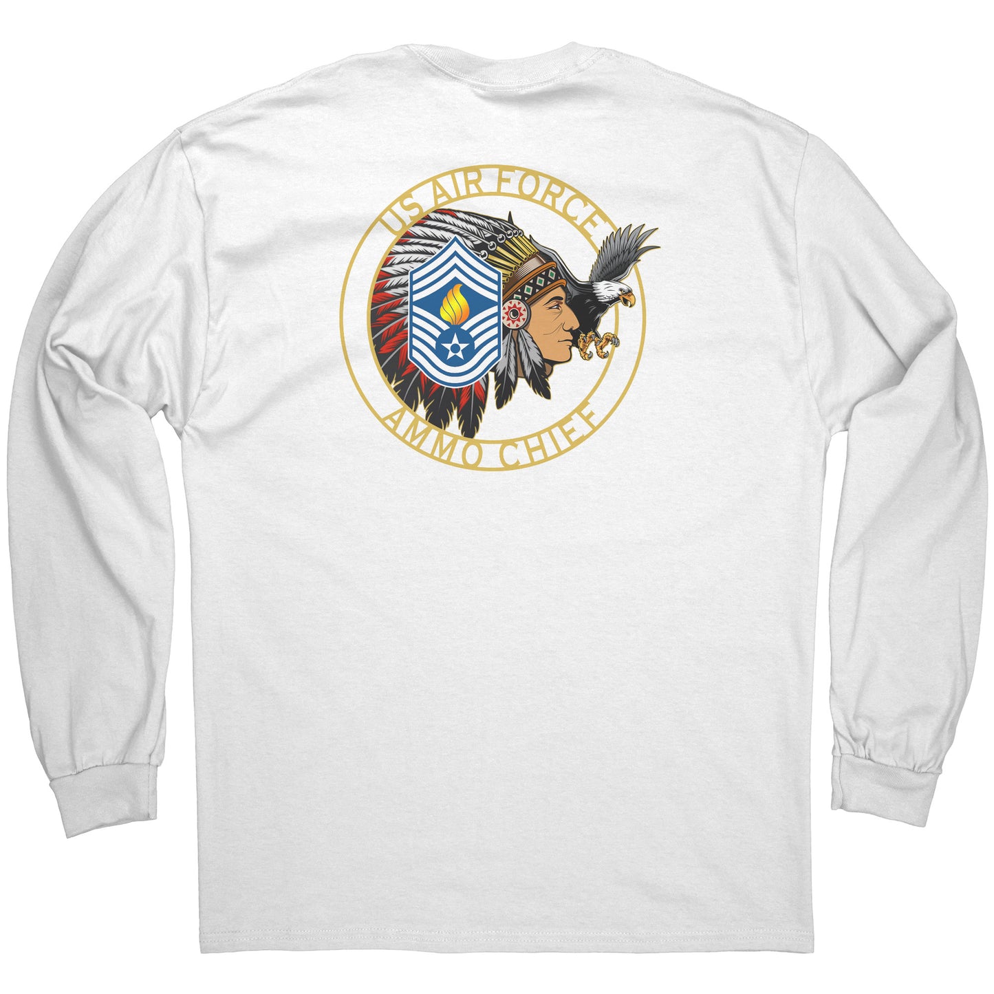 USAF AMMO Chief Native American Indian Full Headdress Stripes Pisspot Flames Eagle Mens Long Sleeve Shirt