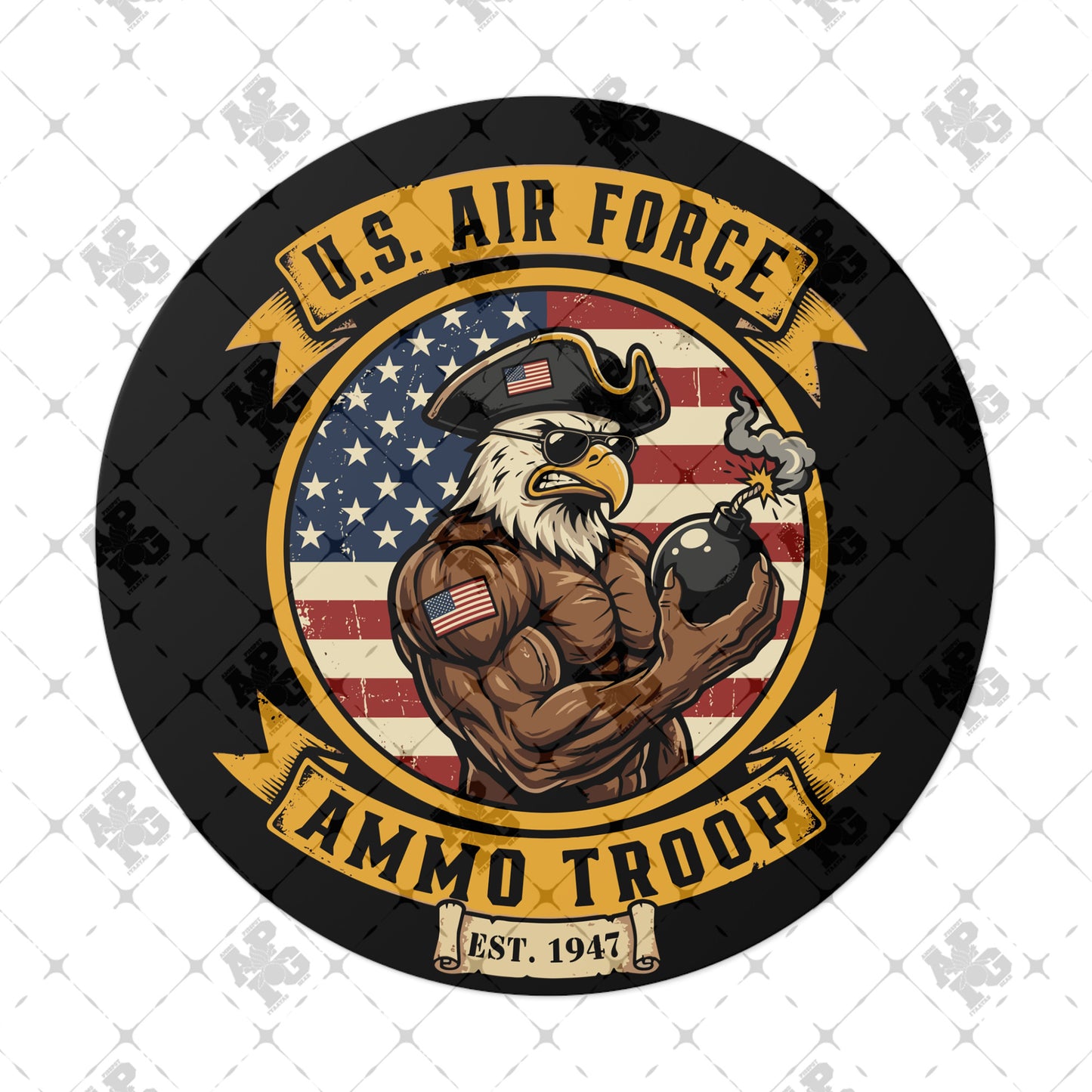 US Air Force AMMO Troop Muscular Eagle Holding Flaming Pisspot American Flag Round Vinyl Stickers