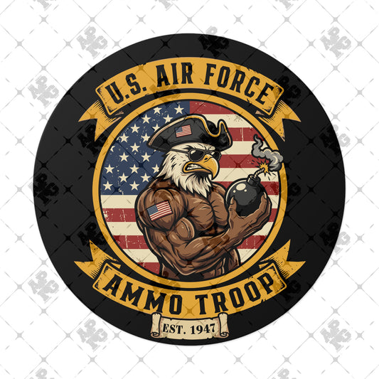 US Air Force AMMO Troop Muscular Eagle Holding Flaming Pisspot American Flag Round Vinyl Stickers