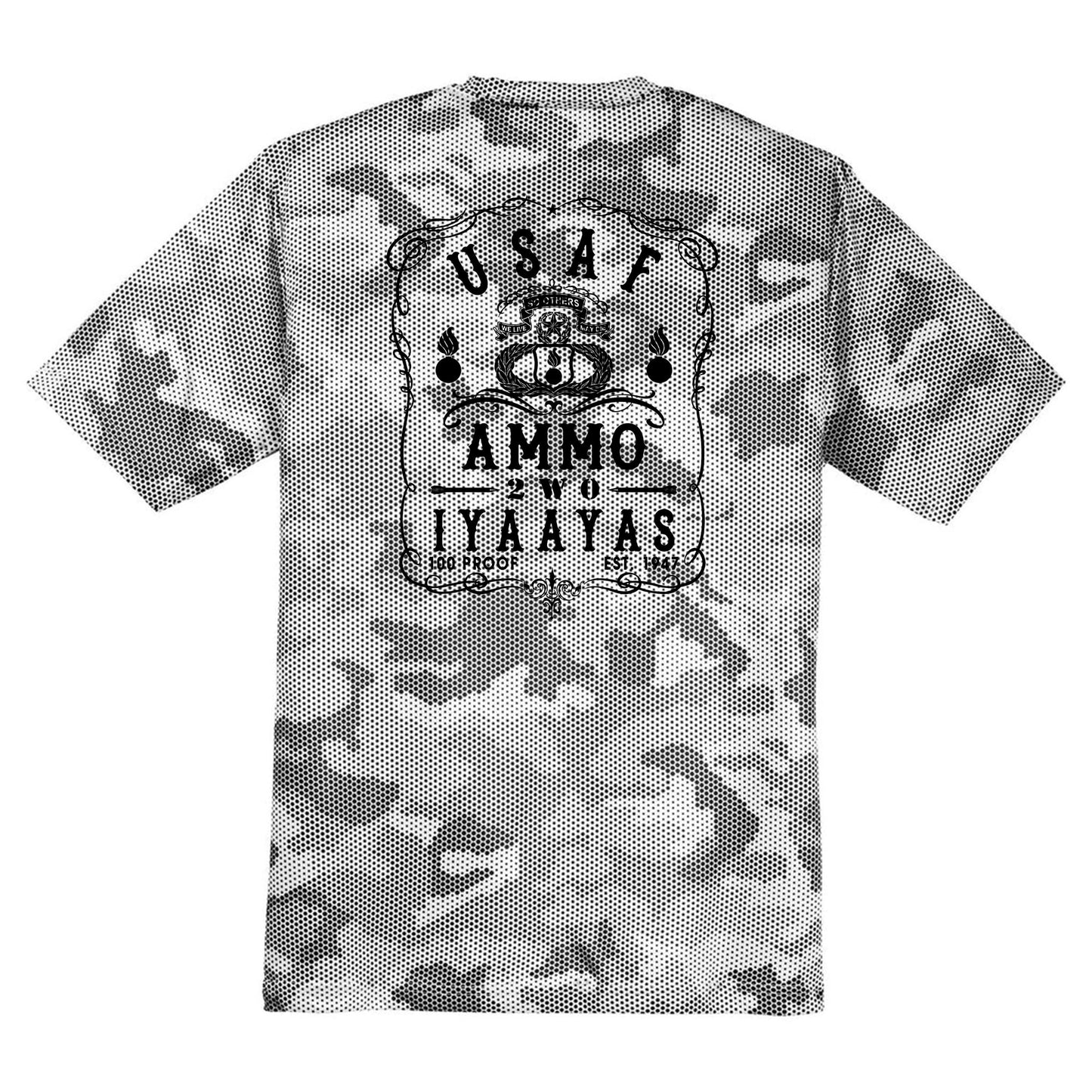 USAF AMMO 2W0 Jack Daniels Style Logo IYAAYAS CamoHex Tee