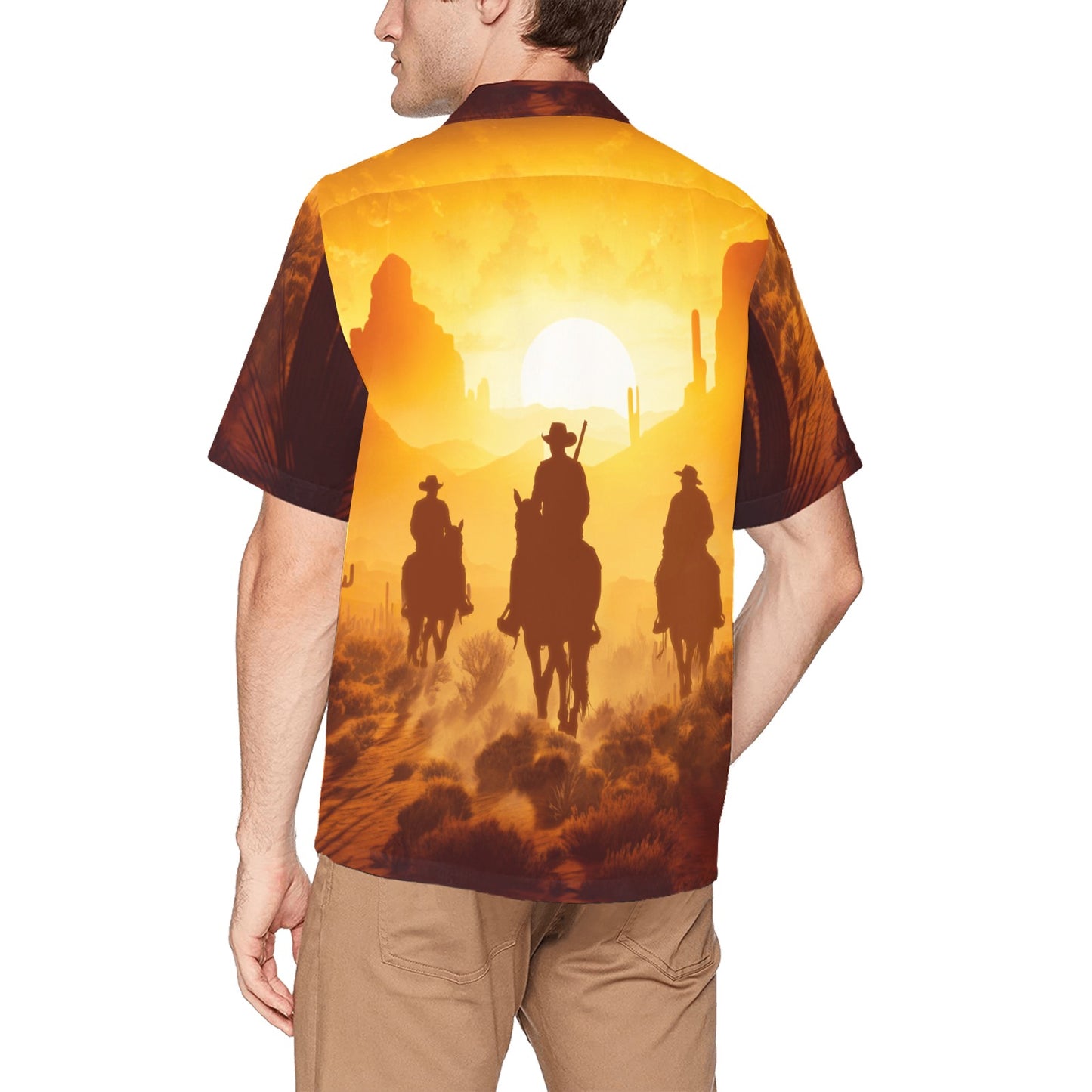 USAF AMMO Troops Cowboys Riding Into Southwest Sunset With Wanted Poster Mens Hawaiian Shirt With Left Chest Pocket