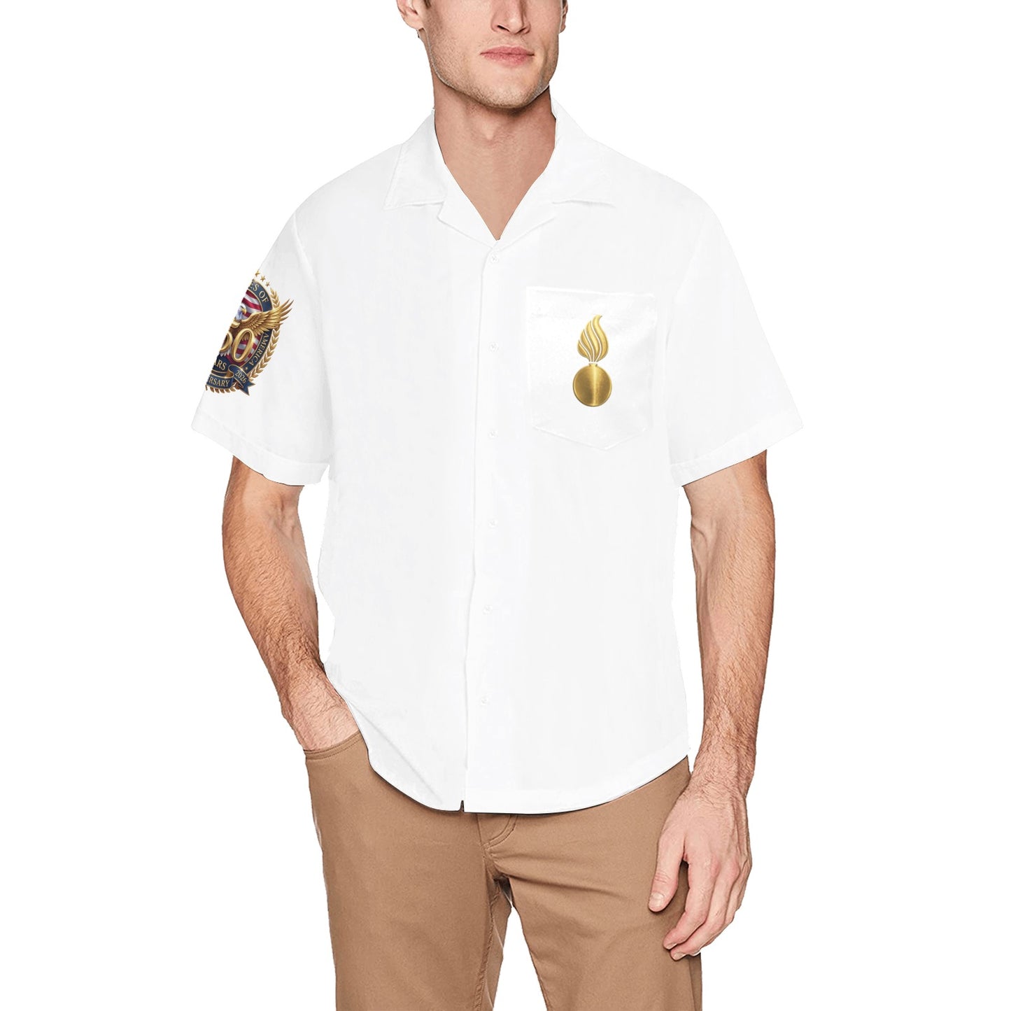 AMMO United States 250th Anniversary Gold Eagle Pisspot Logo White Hawaiian Shirt With Left Chest Pocket