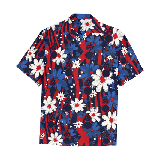 Patriotic Red White And Blue Flowers and Pisspots Mens Hawaiian Shirt With Left Chest Pocket