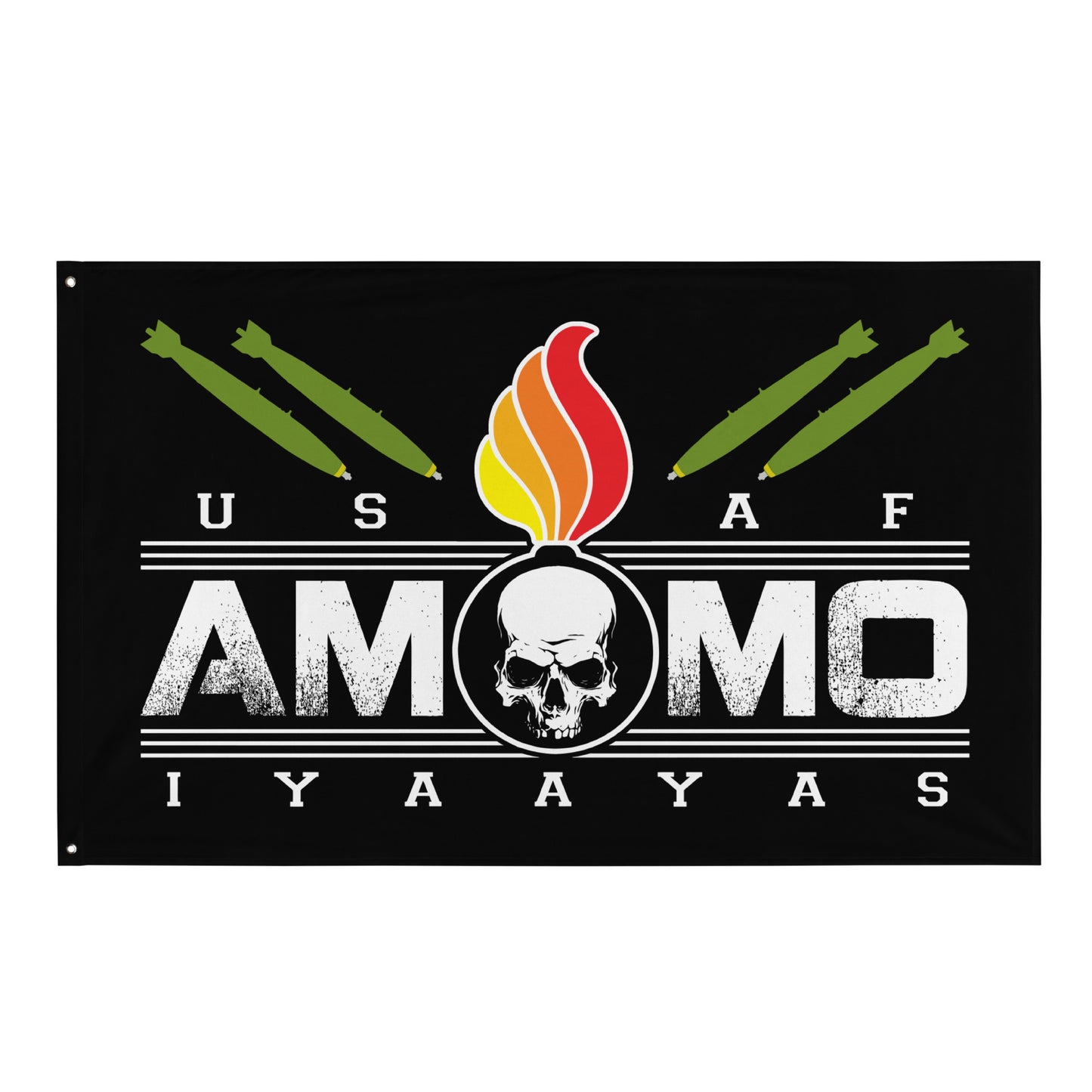 USAF AMMO Skull Inside a Pisspot Bombs Dropping Above One-Sided Wall Flag