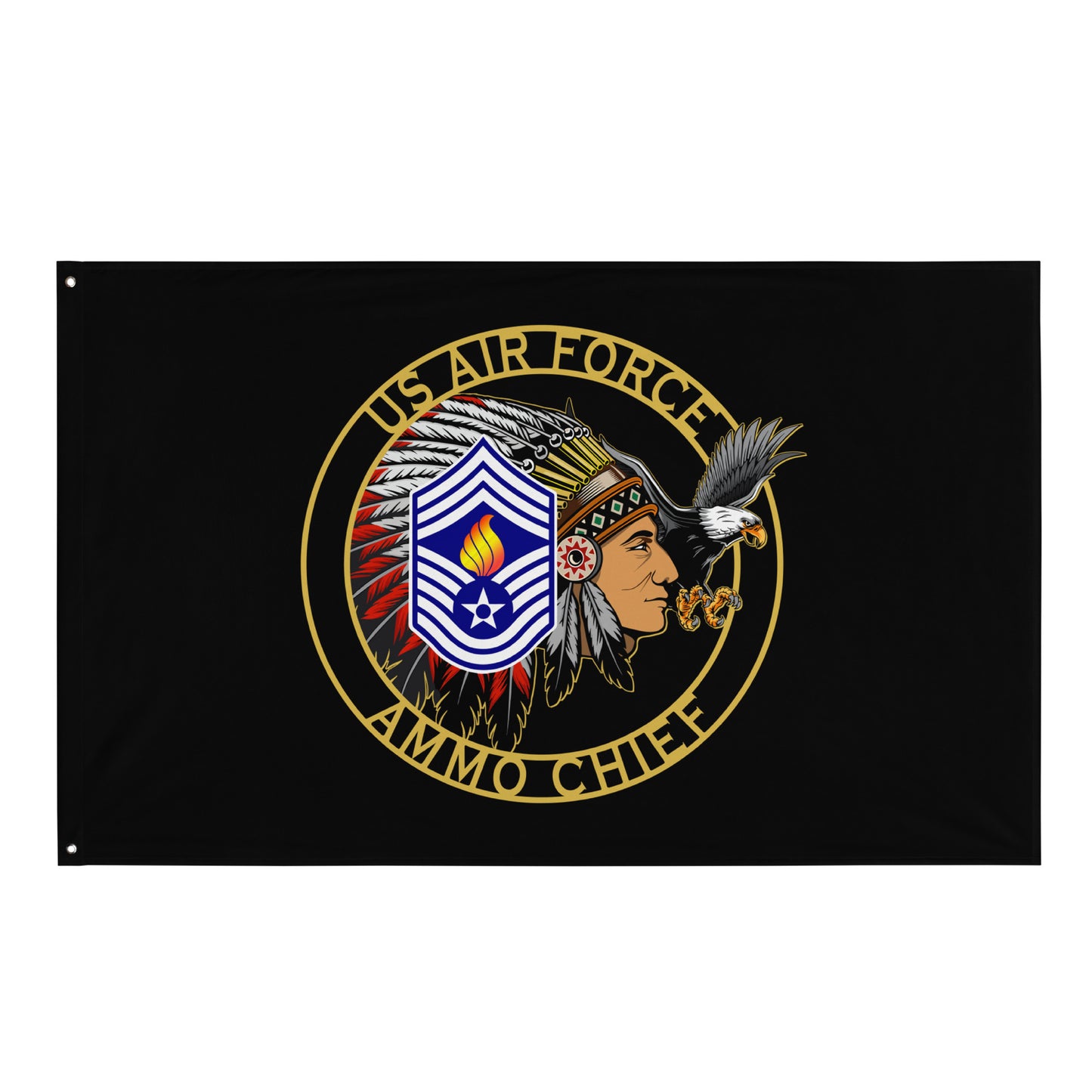 US Air Force AMMO Chief Male Circular Logo Full Headdress Stripes Pisspot Flame and Eagle One-Sided Wall Flag