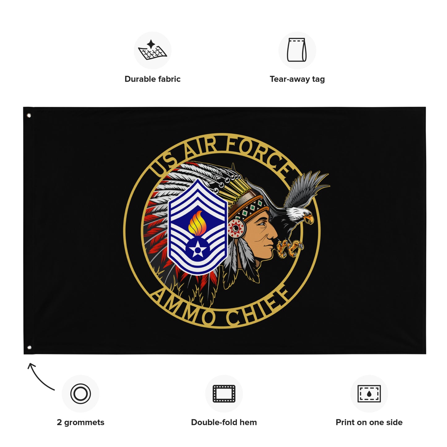 US Air Force AMMO Chief Male Circular Logo Full Headdress Stripes Pisspot Flame and Eagle One-Sided Wall Flag