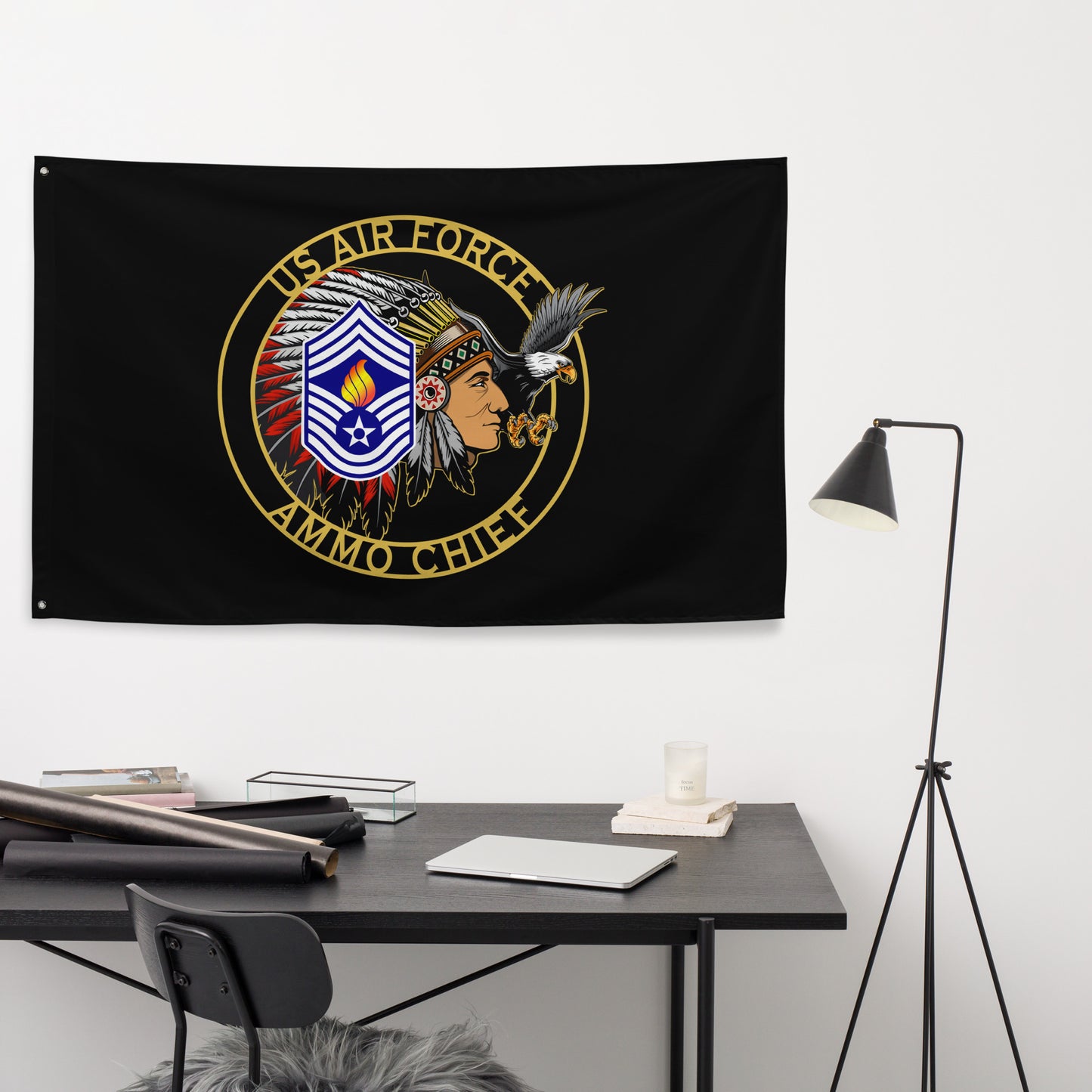 US Air Force AMMO Chief Male Circular Logo Full Headdress Stripes Pisspot Flame and Eagle One-Sided Wall Flag