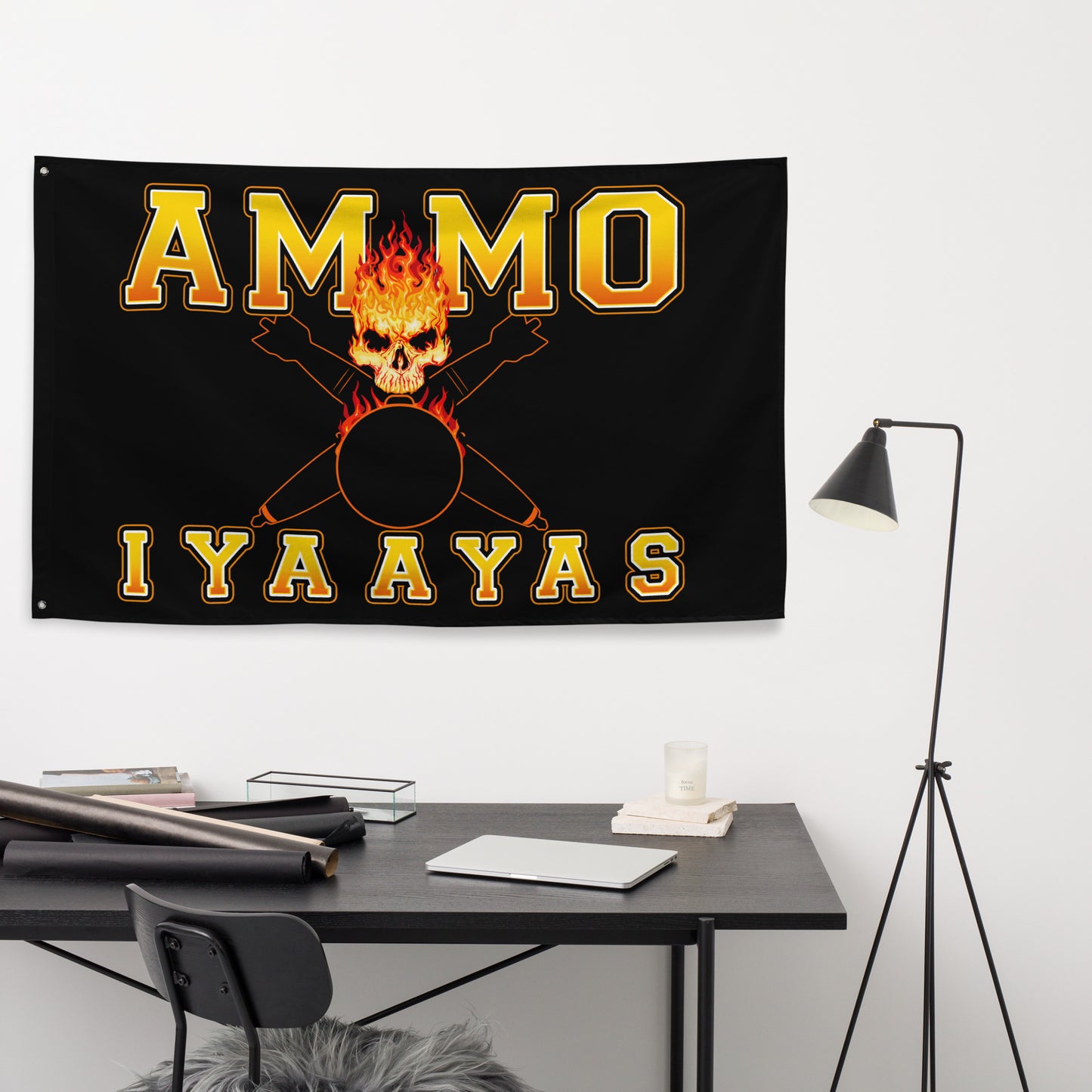 USAF AMMO Fire Filled Text Flaming Skull Pisspot With Crossed Bombs IYAAYAS One-Sided Wall Flag