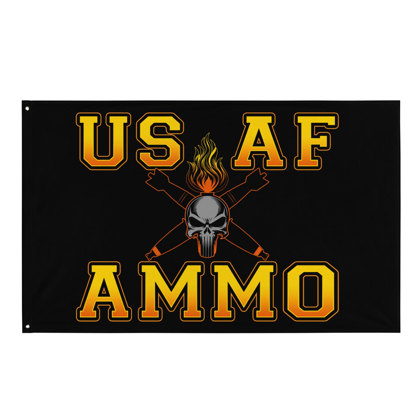 USAF AMMO Fire Filled Text Flaming Grey Skull Pisspot With Crossed Bombs One-Sided Wall Flag