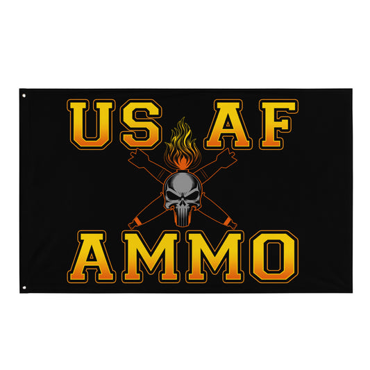 USAF AMMO Fire Filled Text Flaming Grey Skull Pisspot With Crossed Bombs One-Sided Wall Flag