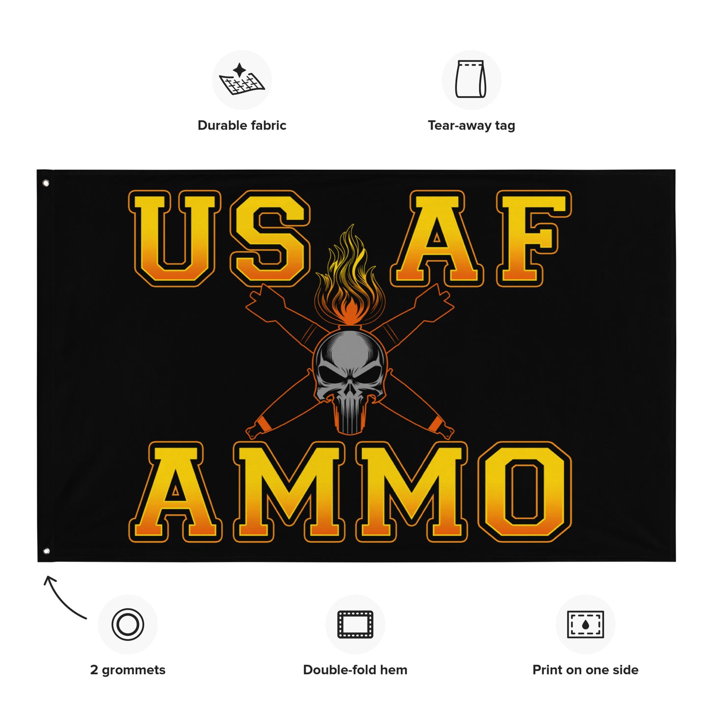 USAF AMMO Fire Filled Text Flaming Grey Skull Pisspot With Crossed Bombs One-Sided Wall Flag