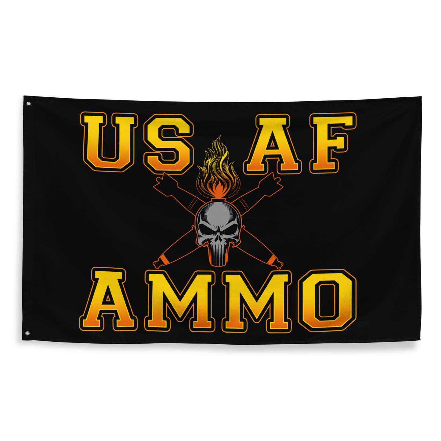 USAF AMMO Fire Filled Text Flaming Grey Skull Pisspot With Crossed Bombs One-Sided Wall Flag