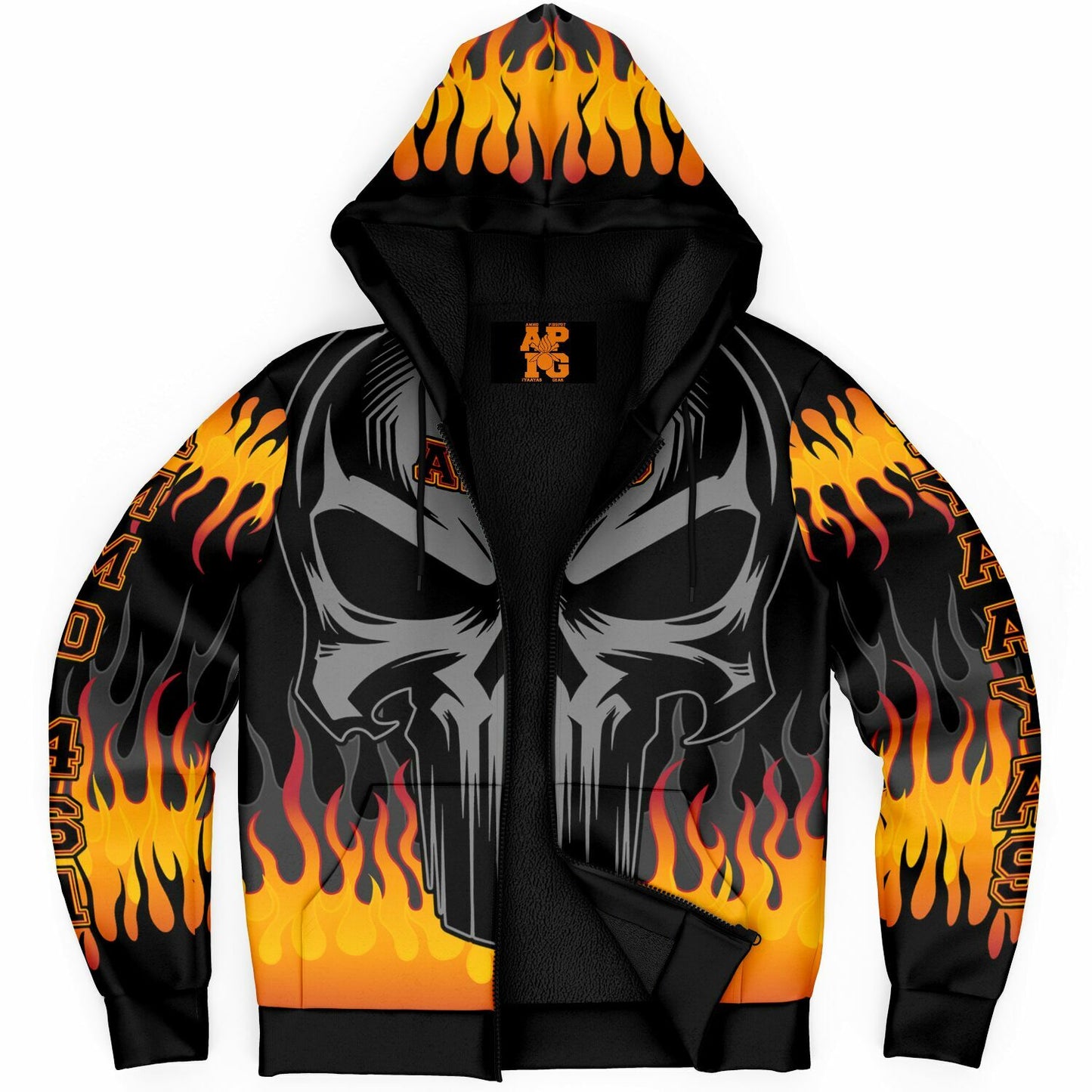 AMMO Skull Orange Flames Microfleece Cold Weather Zip-Up Hoodie - All Over Print