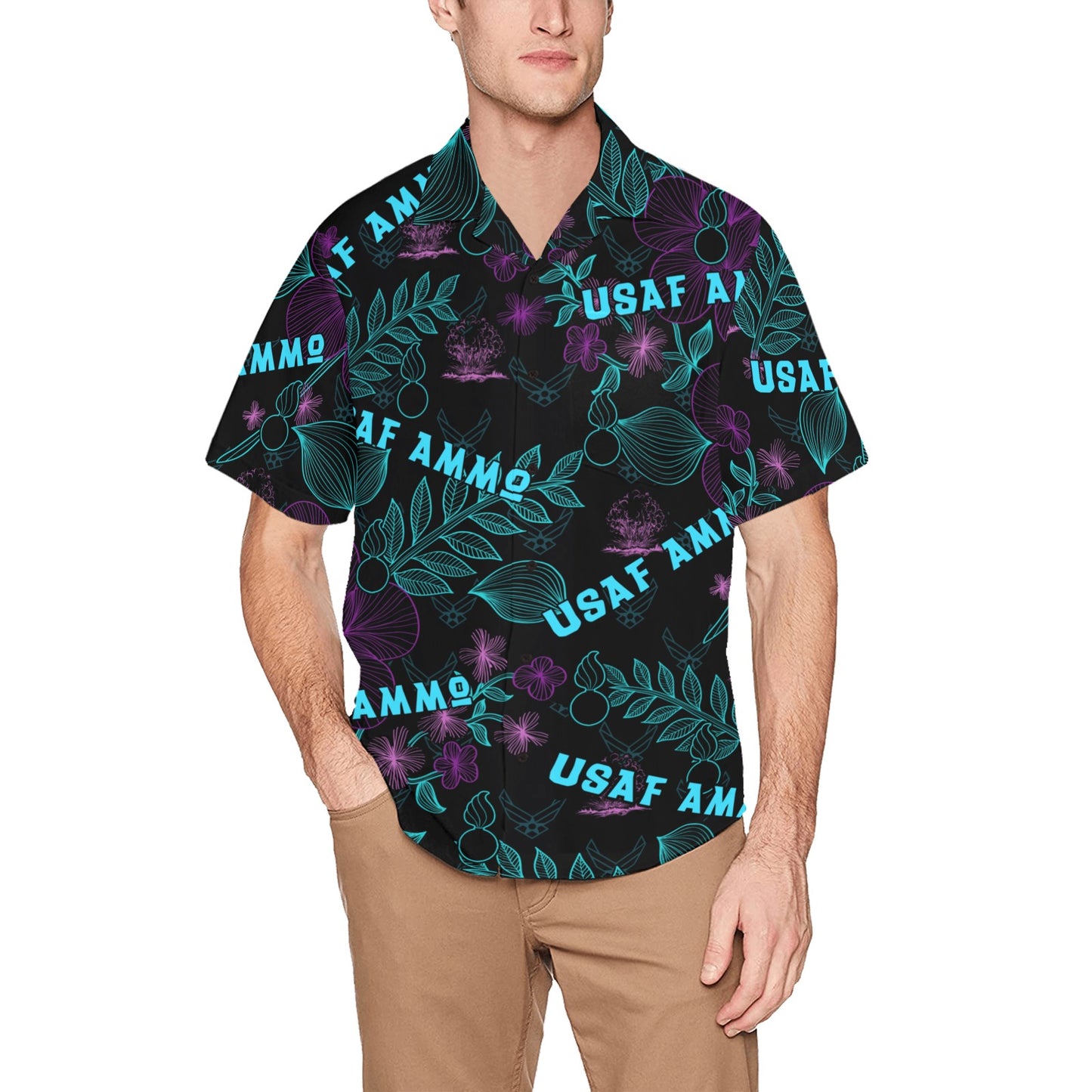 AMMO Black Neon Green Blue and Purple Pattern Mens Left Chest Pocket Hawaiian Shirt