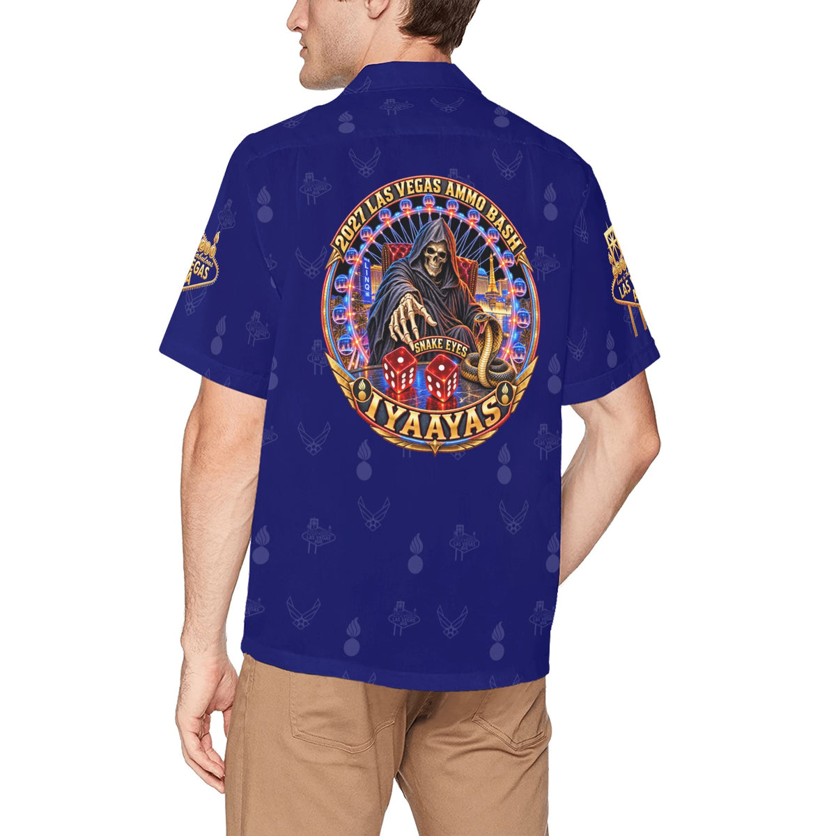2027 AMMO Bash Las Vegas Grim Reaper Snake Eyes Navy Blue Full Color Logos Men’s Hawaiian Shirt with Left Chest Pocket