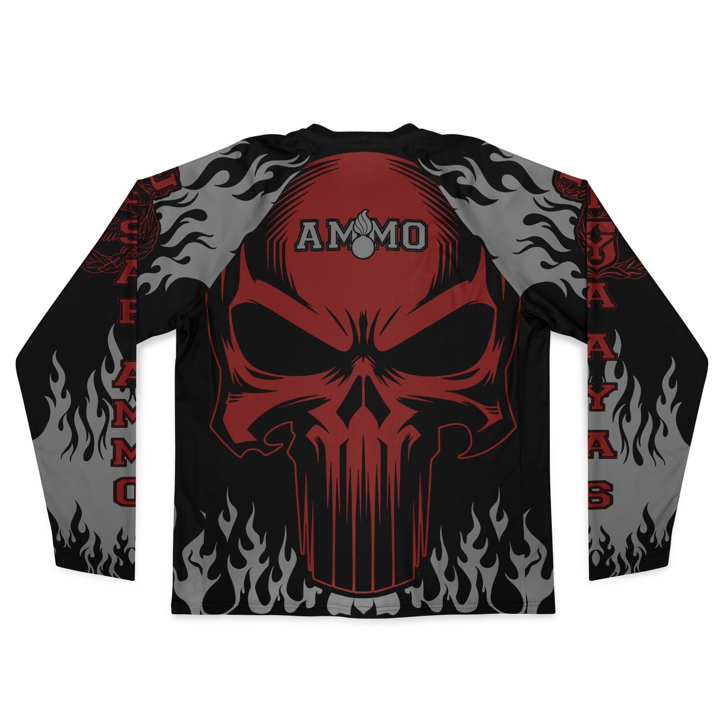 AMMO Skull Flames Black Red Grey Men's Long Sleeve Performance Shirt - All Over Print