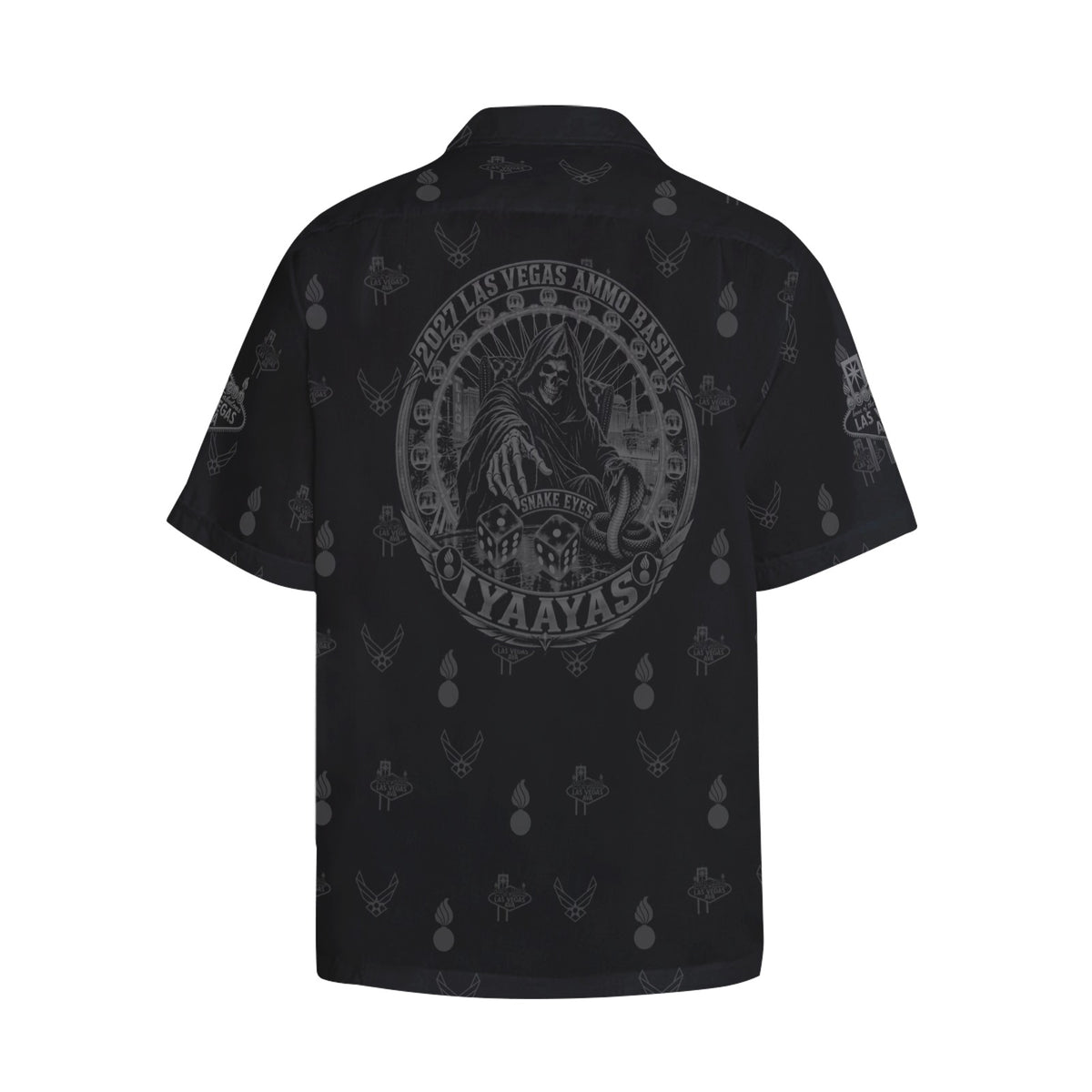 2027 AMMO Bash Las Vegas Grim Reaper Snake Eyes Black Subdued Logos Men’s Hawaiian Shirt with Left Chest Pocket