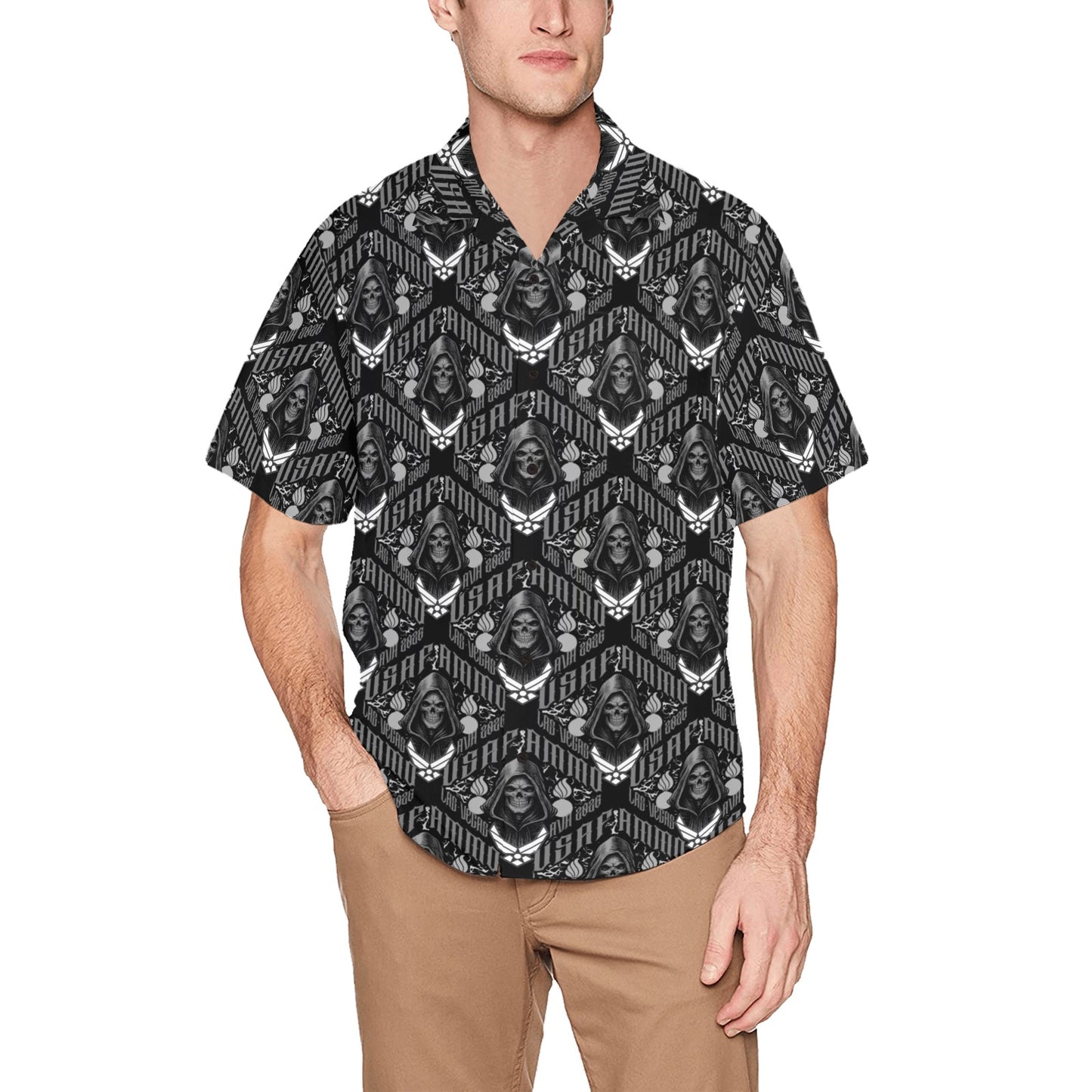 USAF AMMO Grim Reaper 2026 Las Vegas AVA Pisspots IYAAYAS Mens Black V1 Event Hawaiian Shirt with Front Left Chest Pocket