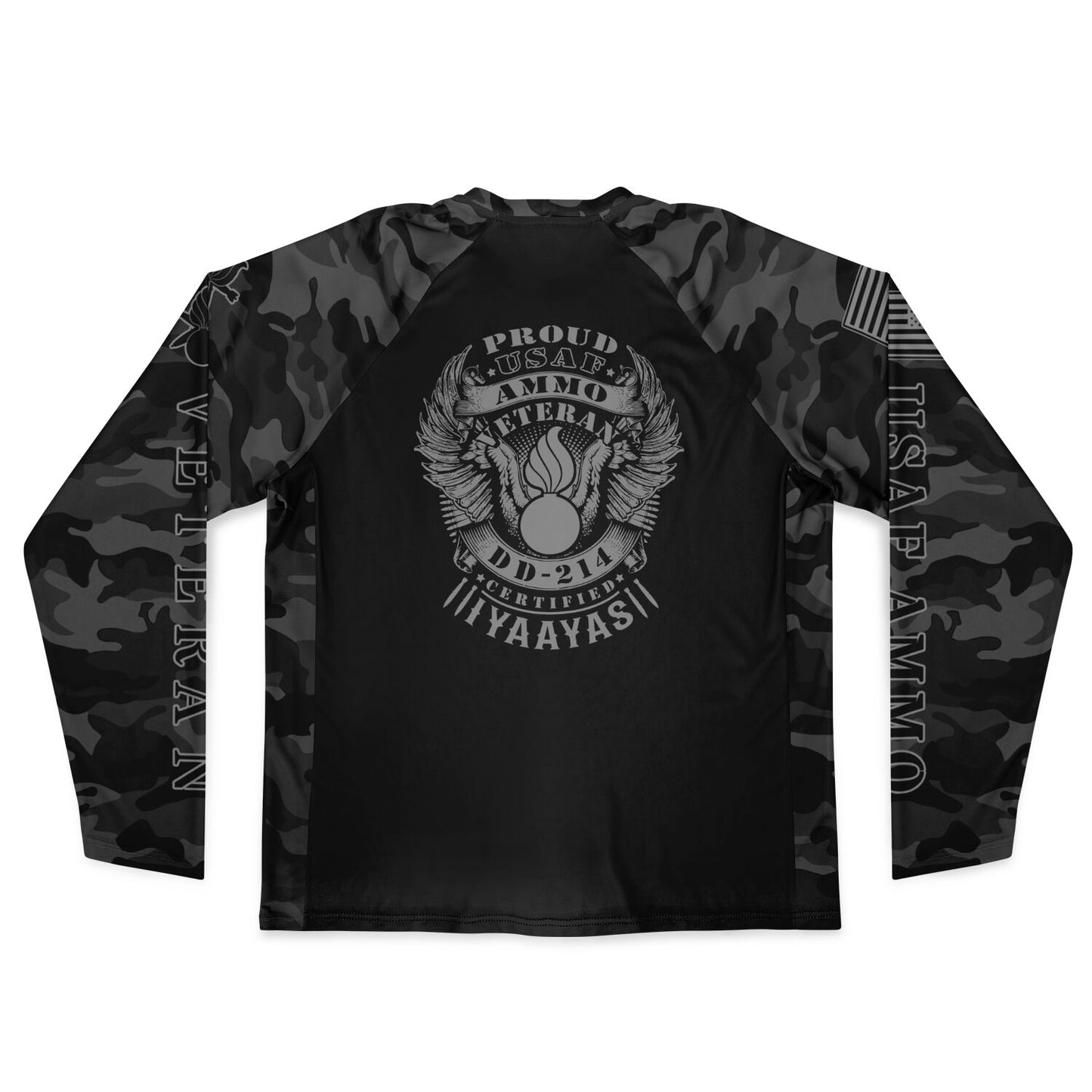 USAF AMMO Veteran Dark Grey and Black Camouflage Men's Long Sleeve Performance Shirt - All Over Print