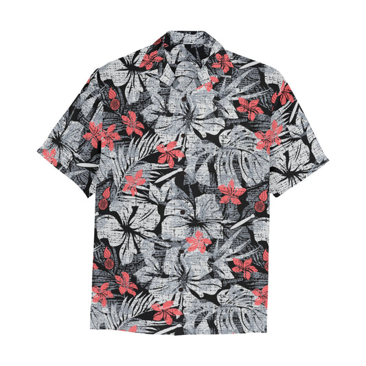 Black Grey and Light Red Flowers Leaves and Pisspot Mens Hawaiian Shirt With Front Left Chest Pocket